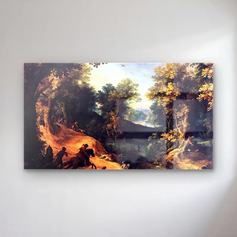 Paul Bril – The Stag Hunt cam tablo — Paul Bril – The Stag Hunt — yağlı boya kırda nehir