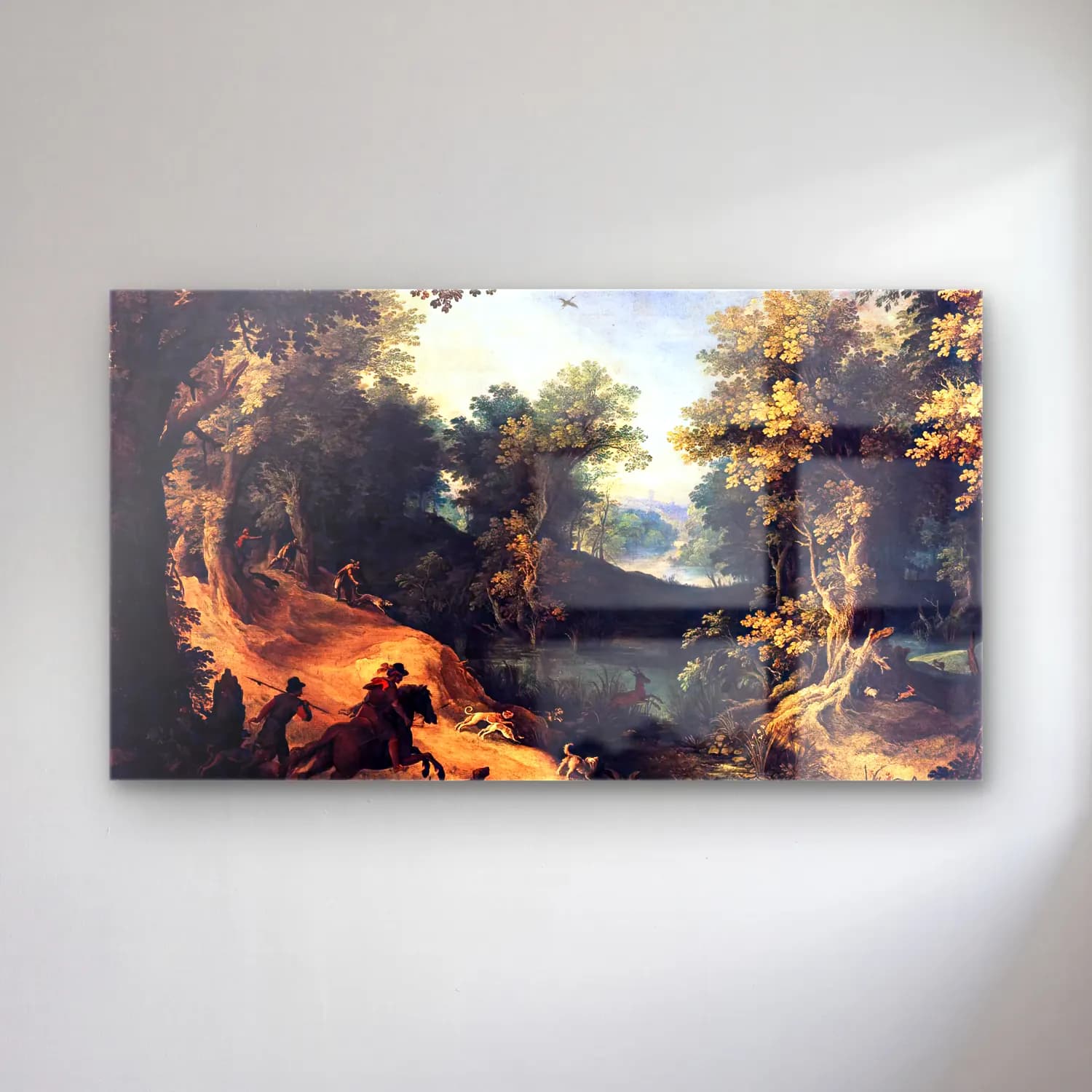 Paul Bril – The Stag Hunt cam tablo — Paul Bril – The Stag Hunt — yağlı boya kırda nehir