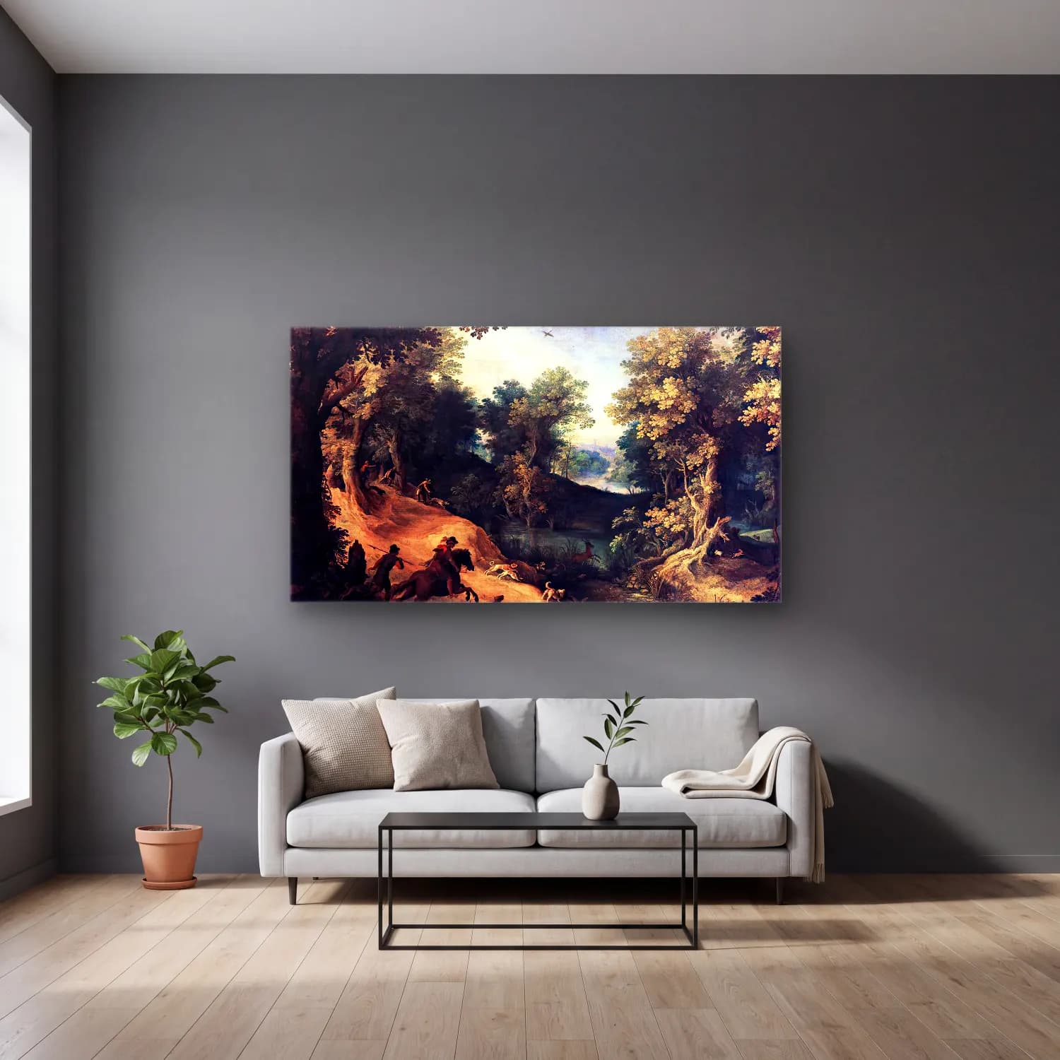 Paul Bril – The Stag Hunt cam tablo — gri duvarlı salonda