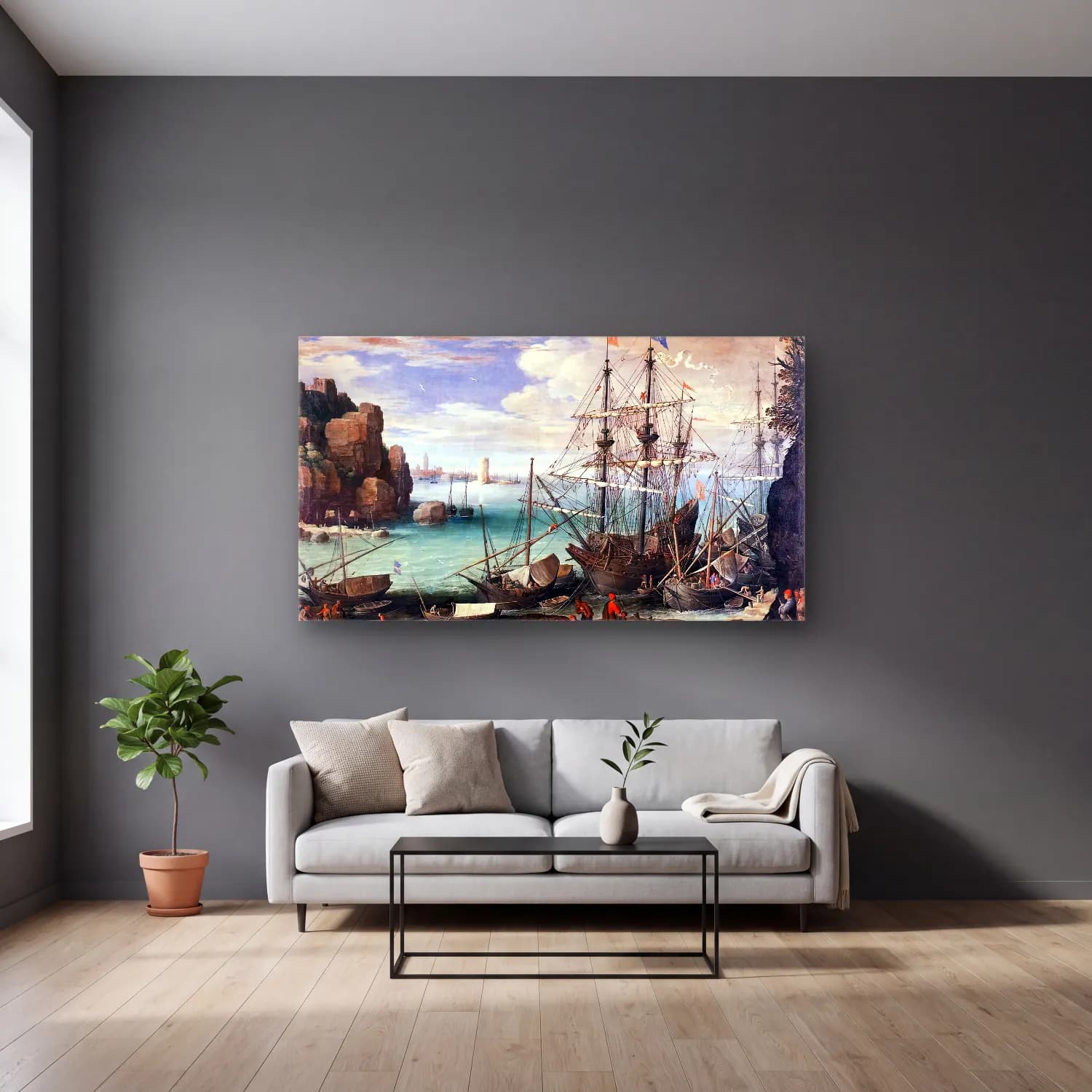 Paul Bril – View of a Port cam tablo — gri duvarlı salonda