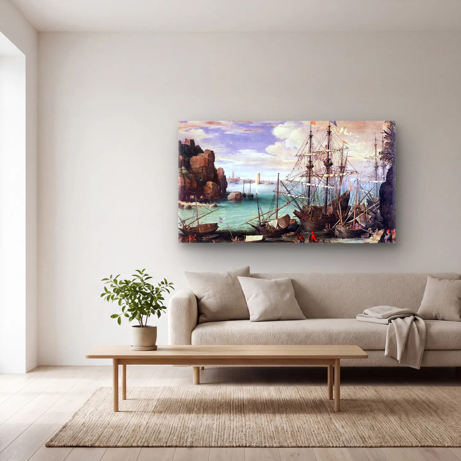 Paul Bril – View of a Port cam tablo — açık renk salonda