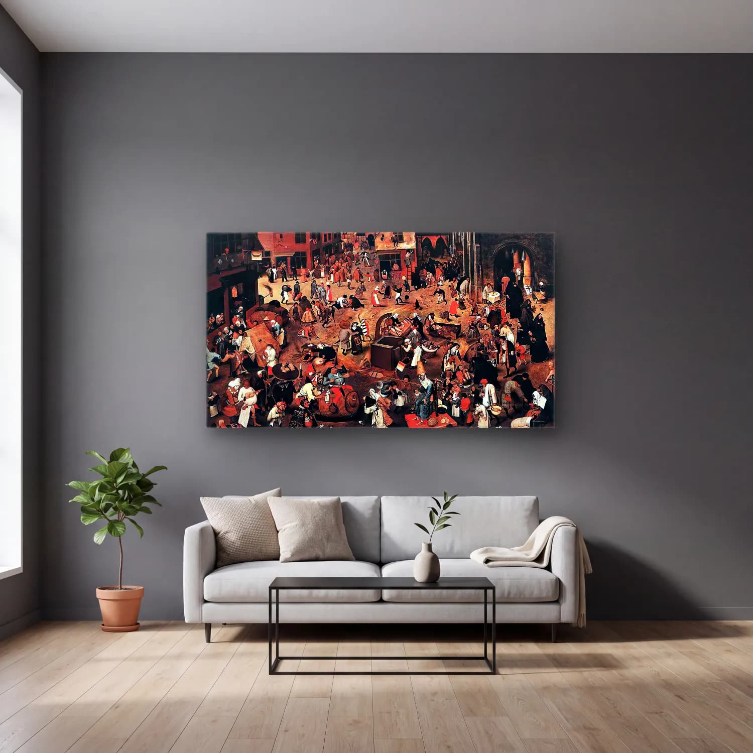 Pieter Brueghel the Younger – Battle of Carnival and Lent cam tablo — gri duvarlı salonda