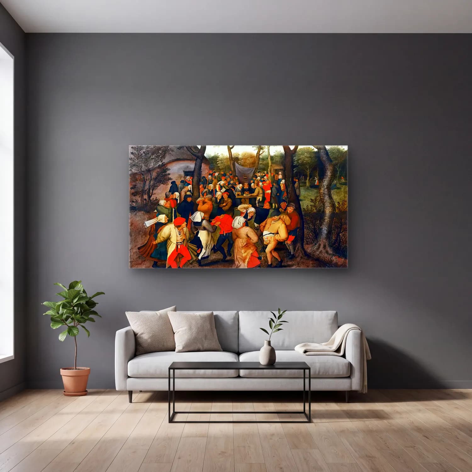 Pieter Brueghel the Younger – Peasant Wedding Dance cam tablo — gri duvarlı salonda