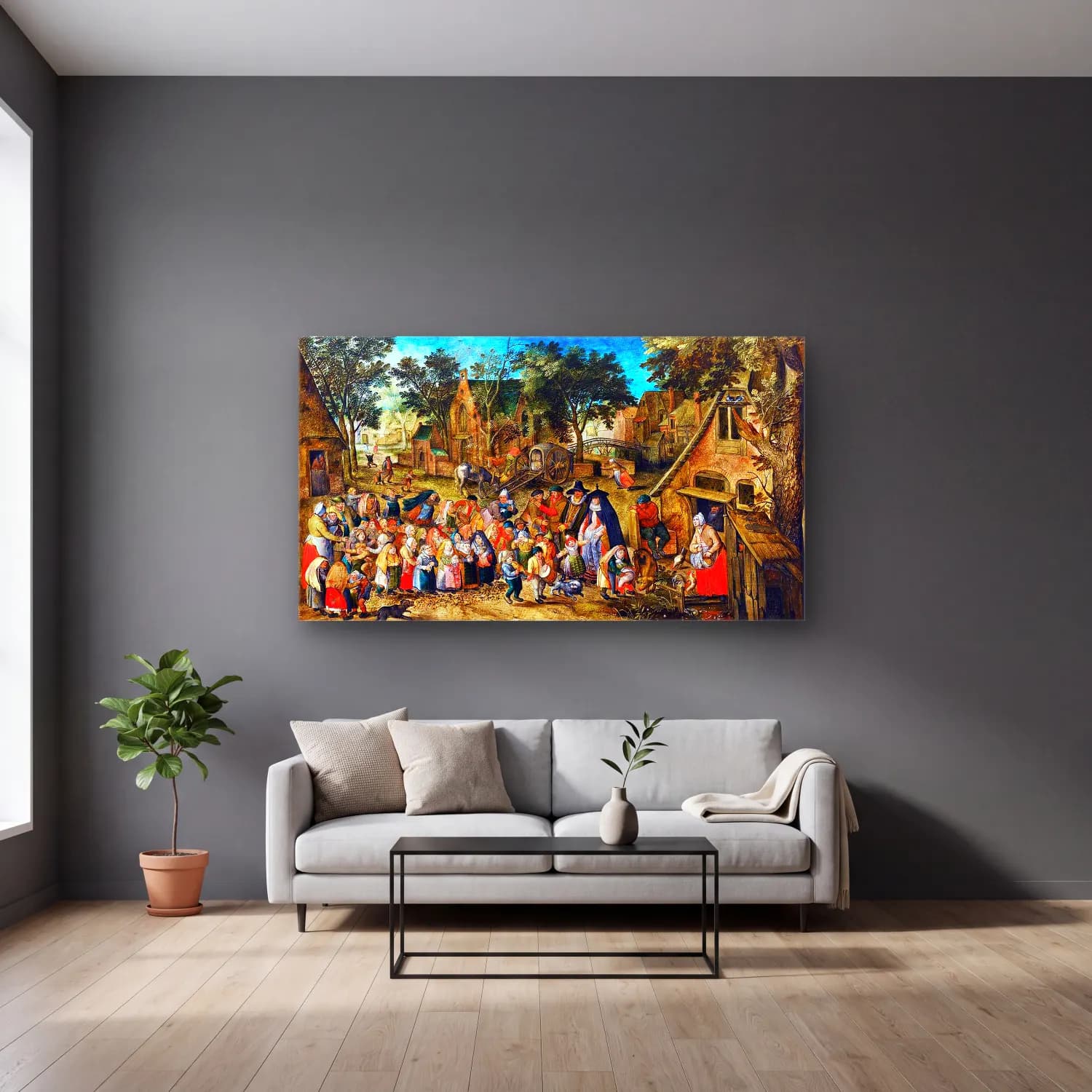 Pieter Brueghel the Younger – The Whitsun Bride cam tablo — gri duvarlı salonda