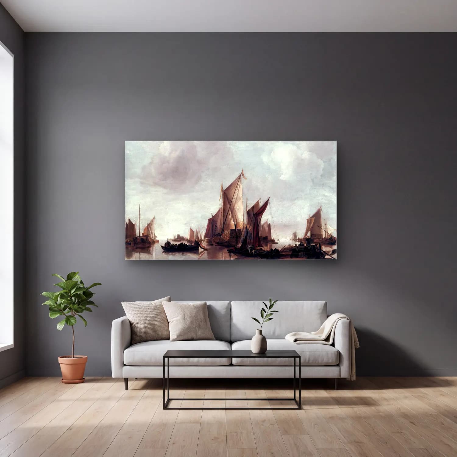 Jan van de Cappelle – A State Yacht and Other Craft in Calm Water cam tablo — gri duvarlı salonda