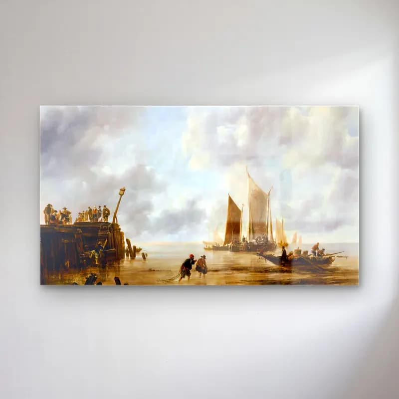 Jan van de Cappelle – Seascape with Fishermen and Figures on a Pier cam tablo — Jan van de Cappelle – Seascape with Fishermen and Figures on a Pier — yağlı boya liman ve tekneler