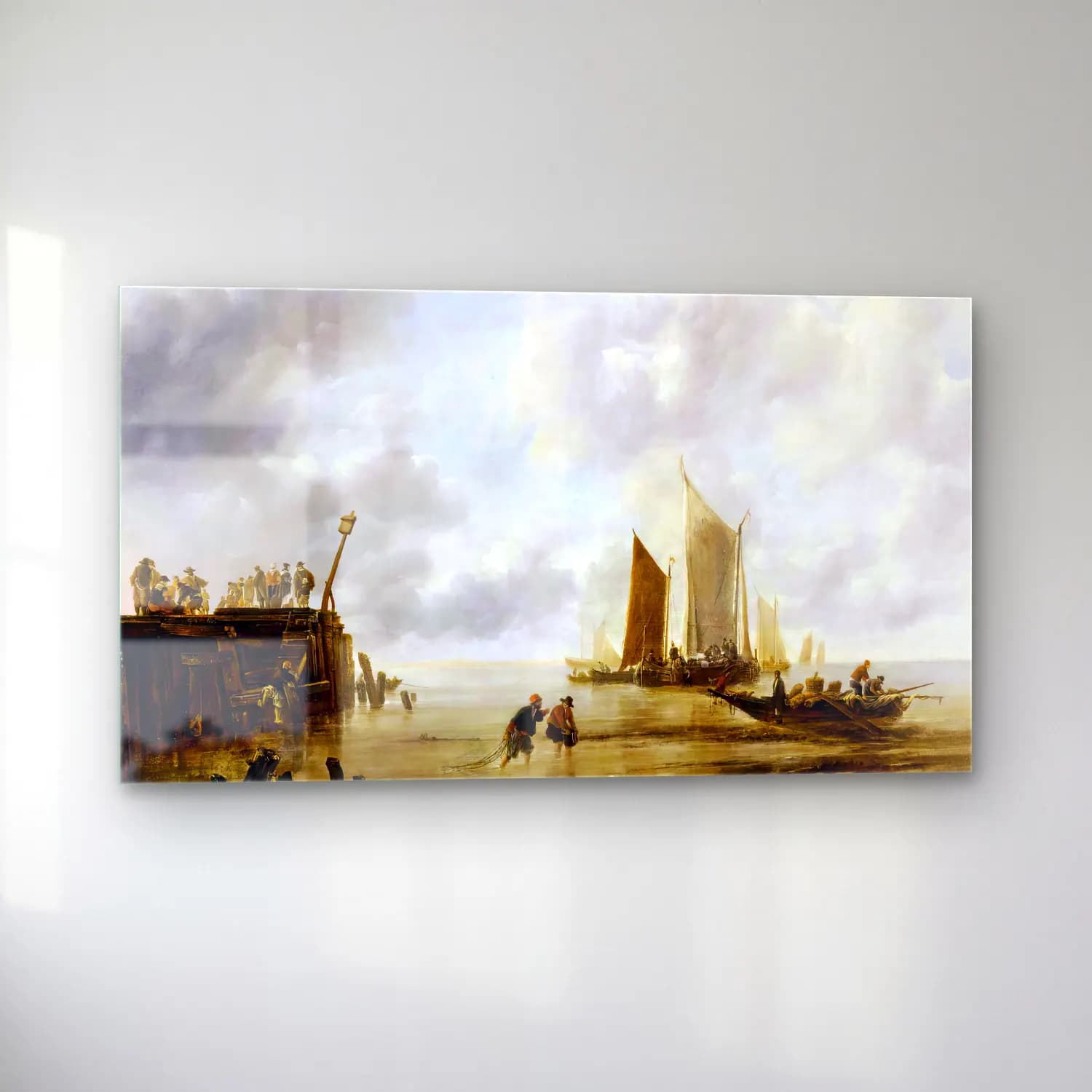 Jan van de Cappelle – Seascape with Fishermen and Figures on a Pier cam tablo — sol açıdan görünüm