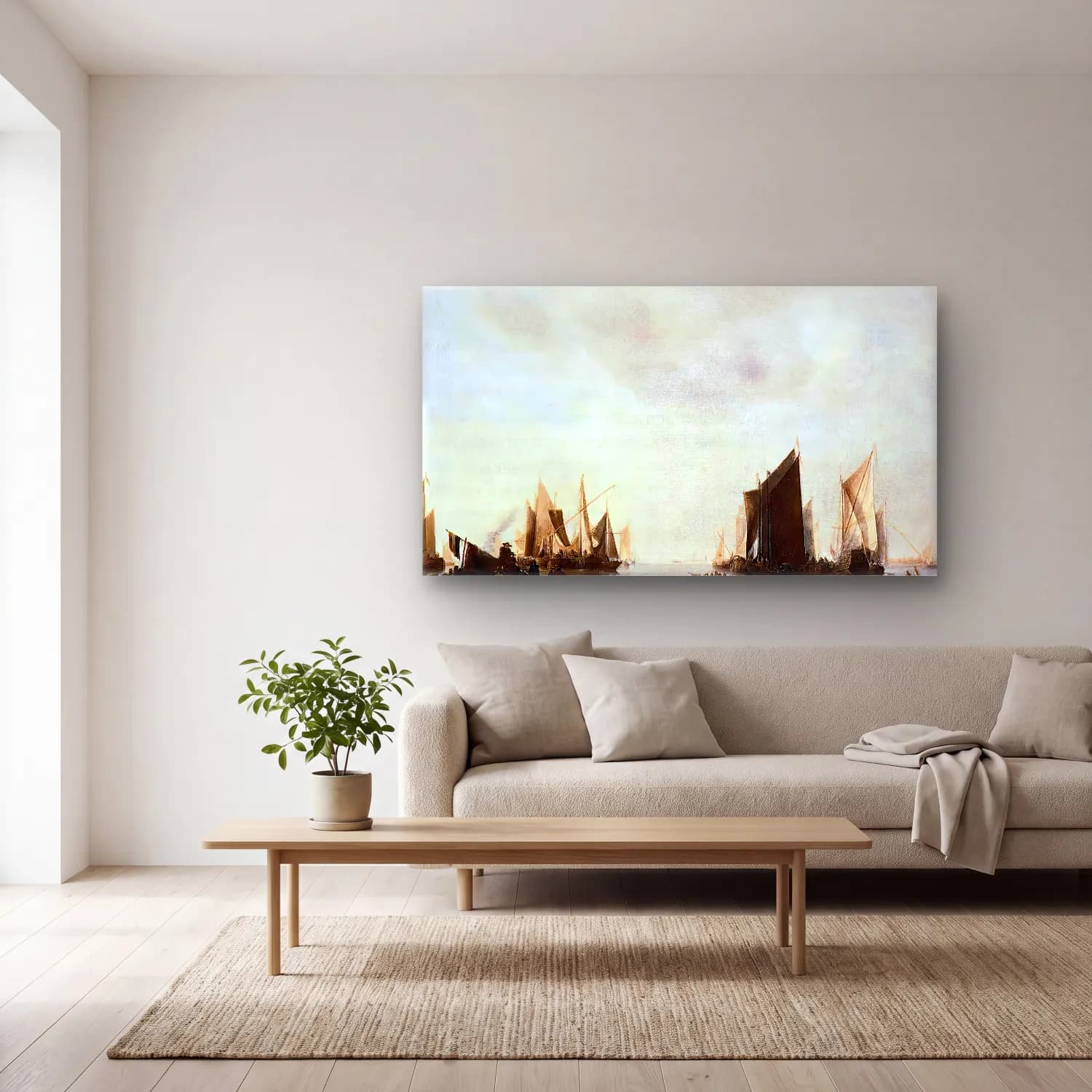 Jan van de Cappelle – Seascape with Sailing Boats cam tablo — açık renk salonda