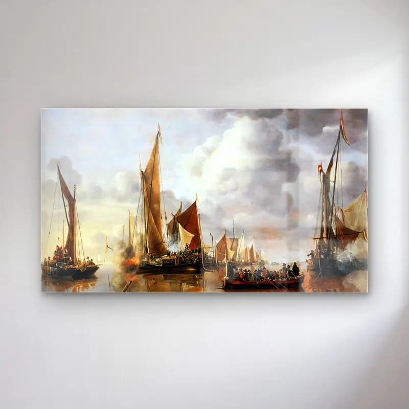 Jan van de Cappelle – The State Barge Saluted by the Home Fleet cam tablo — Jan van de Cappelle – The State Barge Saluted by the Home Fleet — yağlı boya savaş sahnesi