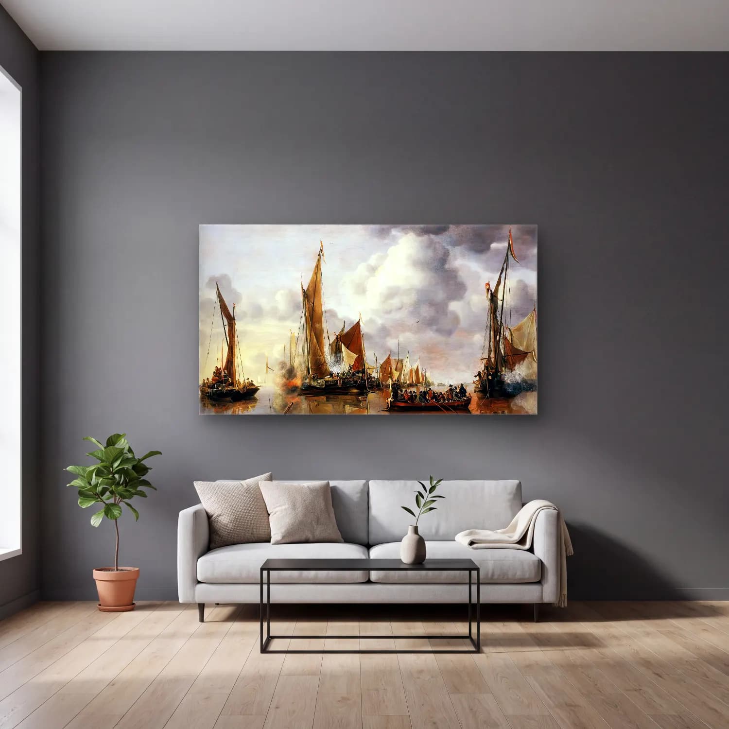 Jan van de Cappelle – The State Barge Saluted by the Home Fleet cam tablo — gri duvarlı salonda