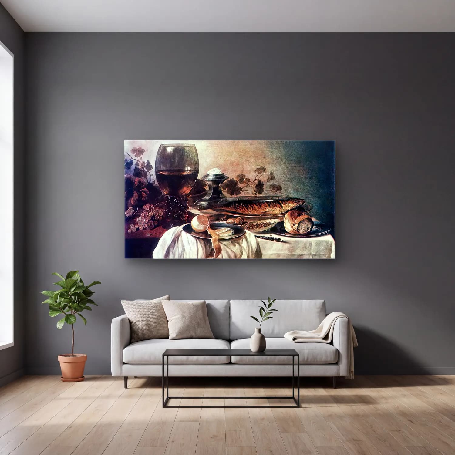 Pieter Claesz – Breakfast-piece cam tablo — gri duvarlı salonda
