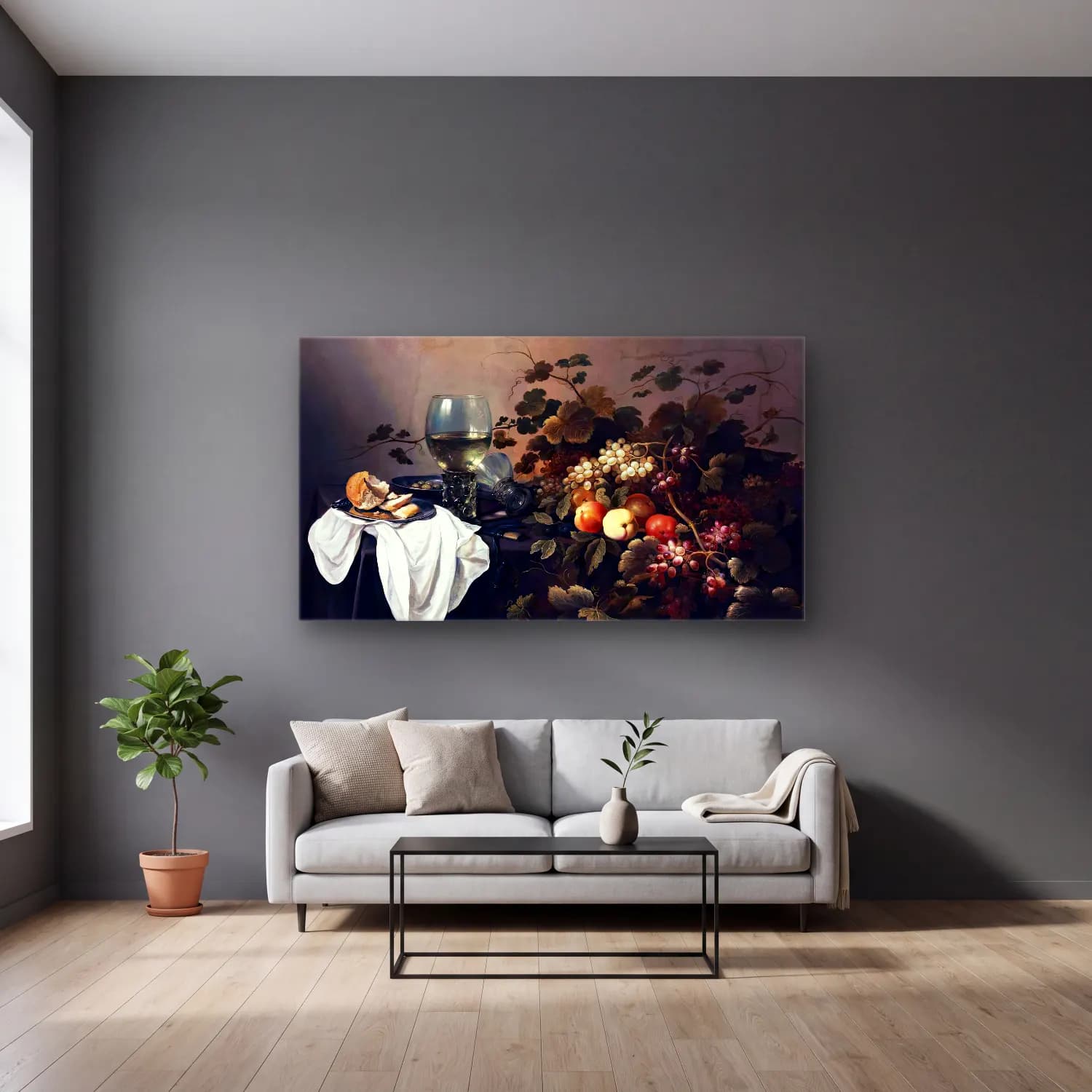 Pieter Claesz – Still-Life with Fruit and Roemer cam tablo — gri duvarlı salonda