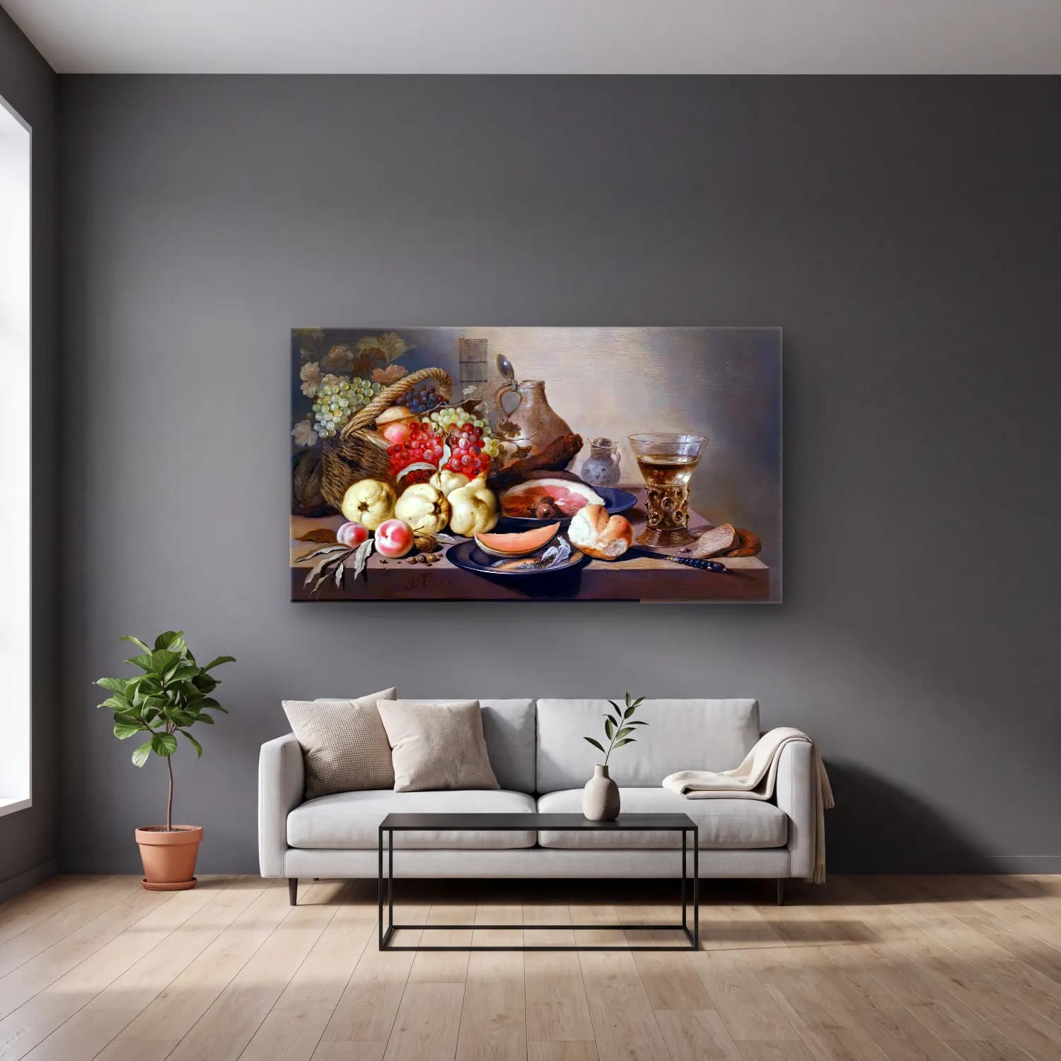 Pieter Claesz – Still-Life with Fruit, Ham and Rummer cam tablo — gri duvarlı salonda