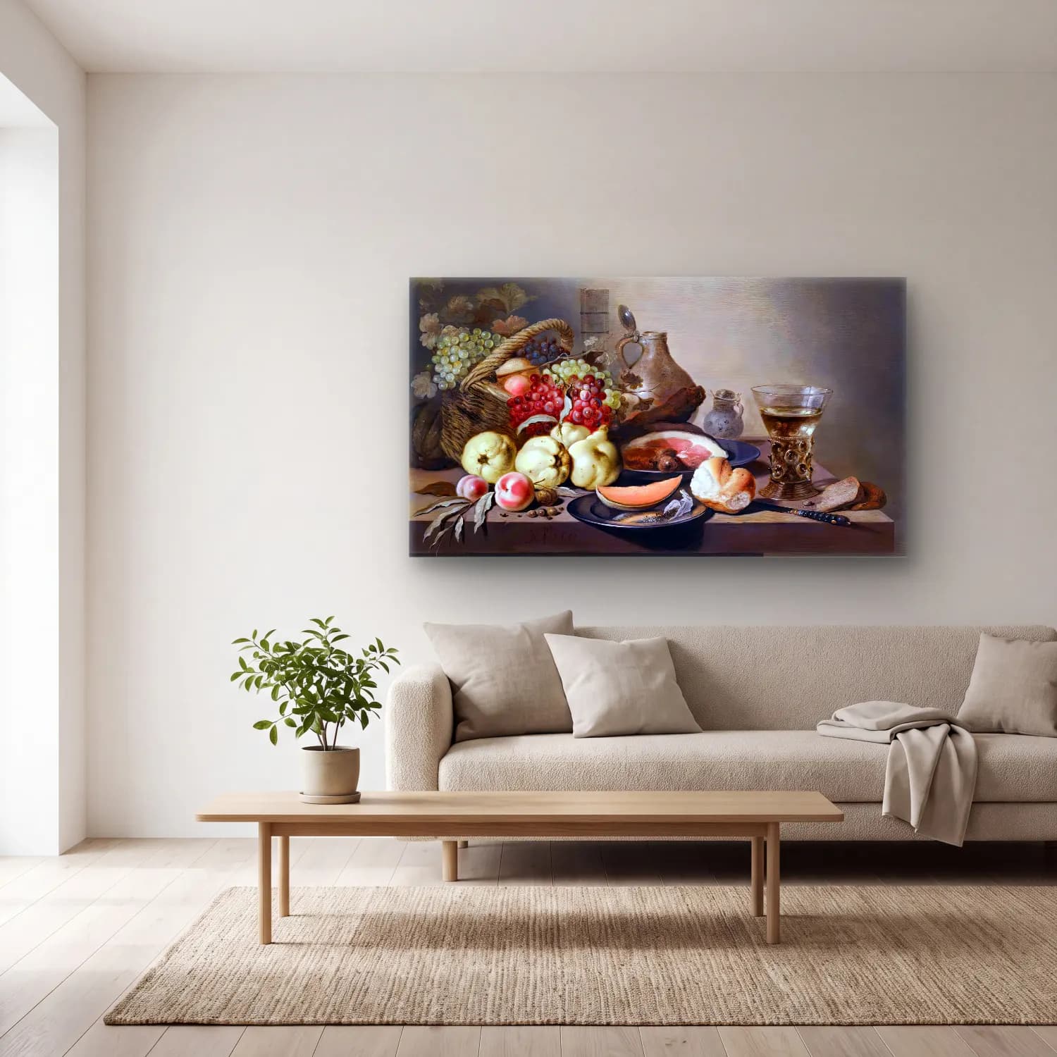 Pieter Claesz – Still-Life with Fruit, Ham and Rummer cam tablo — açık renk salonda