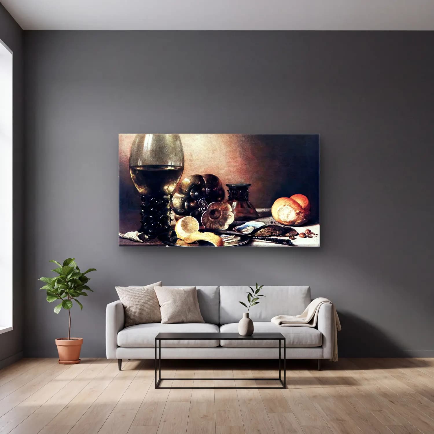 Pieter Claesz – Still-Life with Oysters cam tablo — gri duvarlı salonda