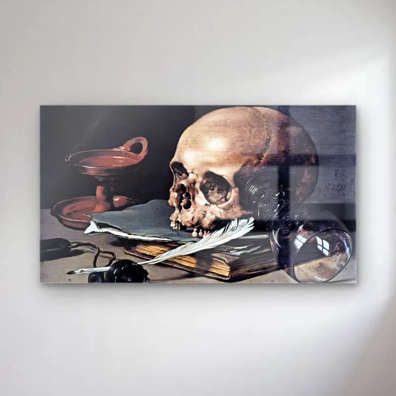 Pieter Claesz – Still-Life with a Skull and Writing Quill cam tablo — Pieter Claesz – Still-Life with a Skull and Writing Quill — vintage vazo