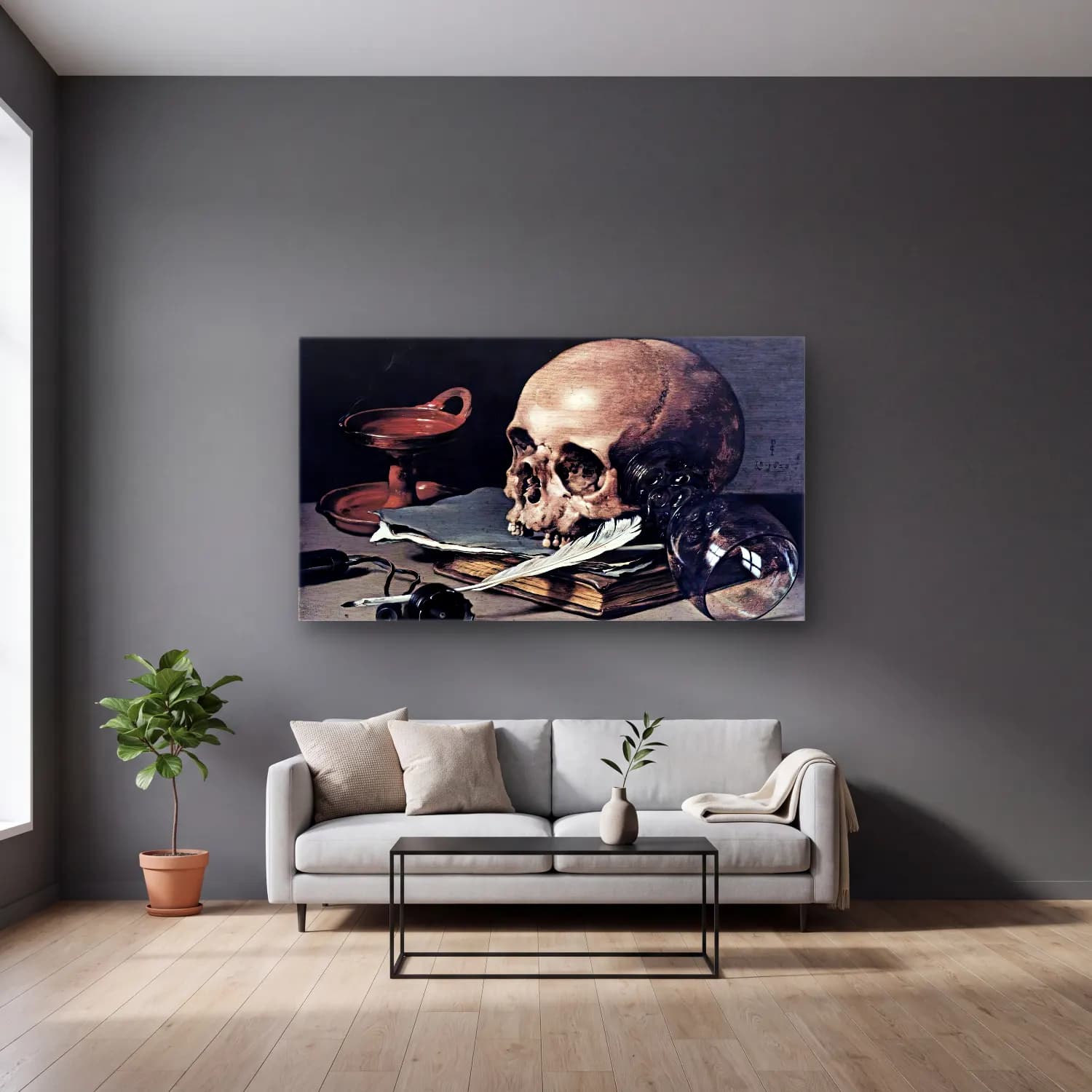 Pieter Claesz – Still-Life with a Skull and Writing Quill cam tablo — gri duvarlı salonda
