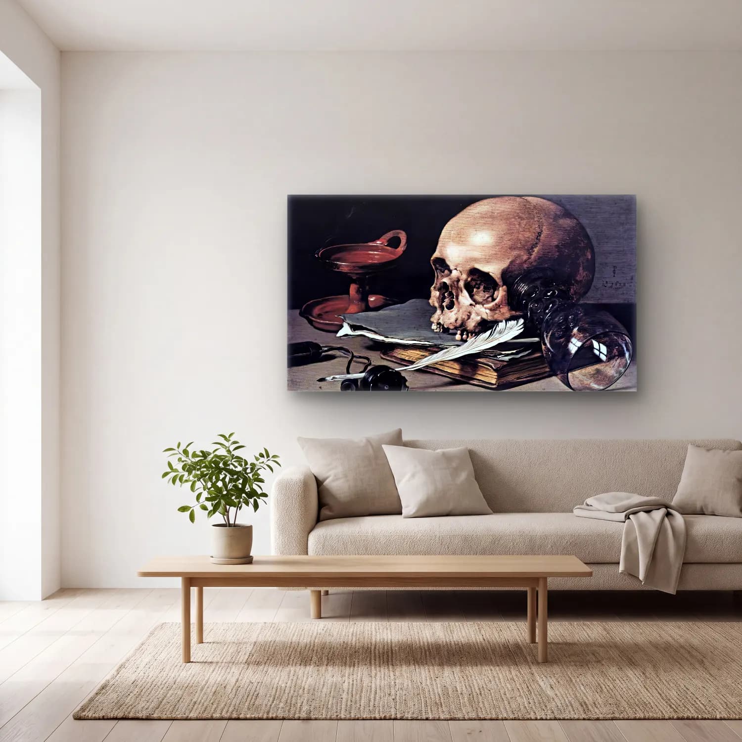 Pieter Claesz – Still-Life with a Skull and Writing Quill cam tablo — açık renk salonda