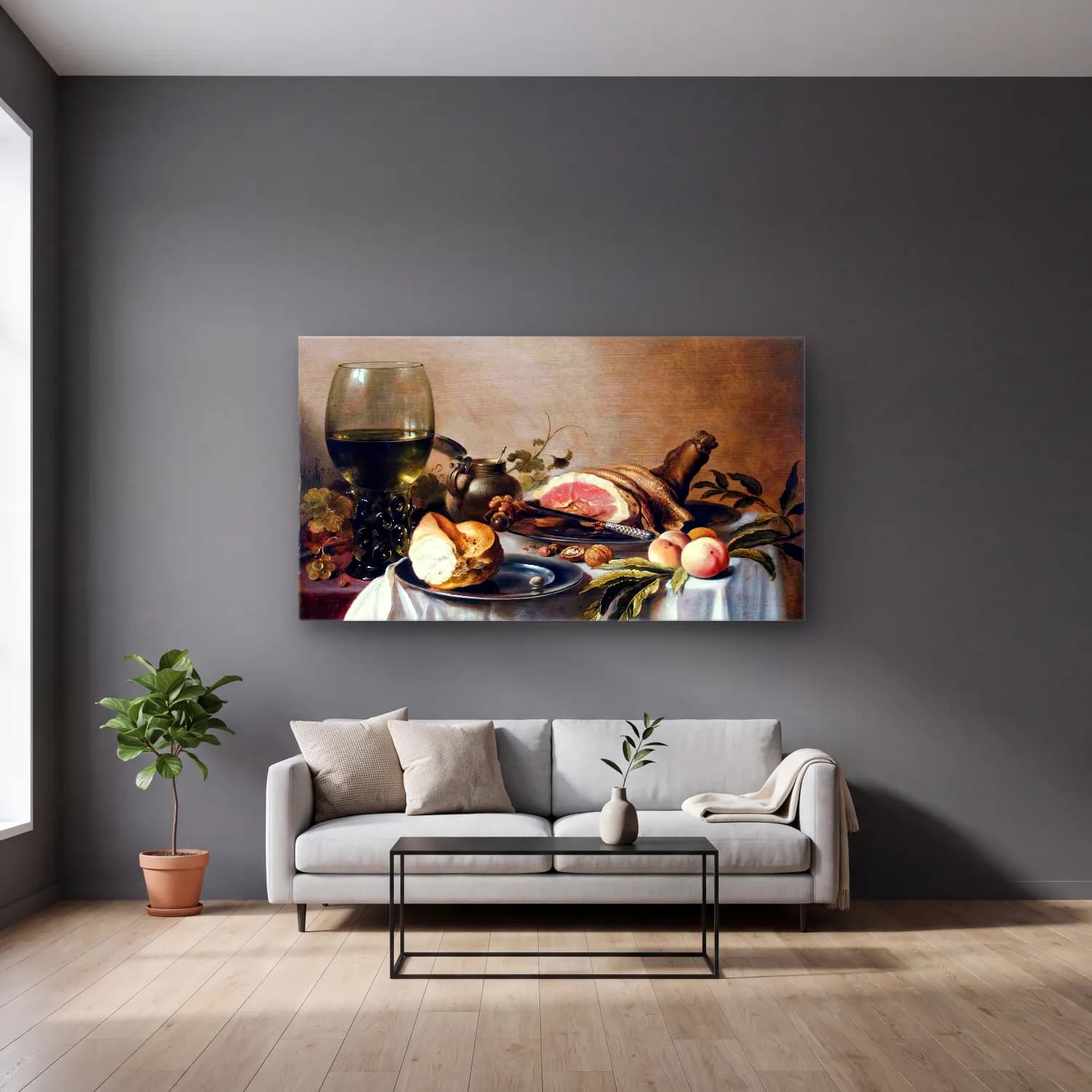 Pieter Claesz – Still-Life cam tablo — gri duvarlı salonda