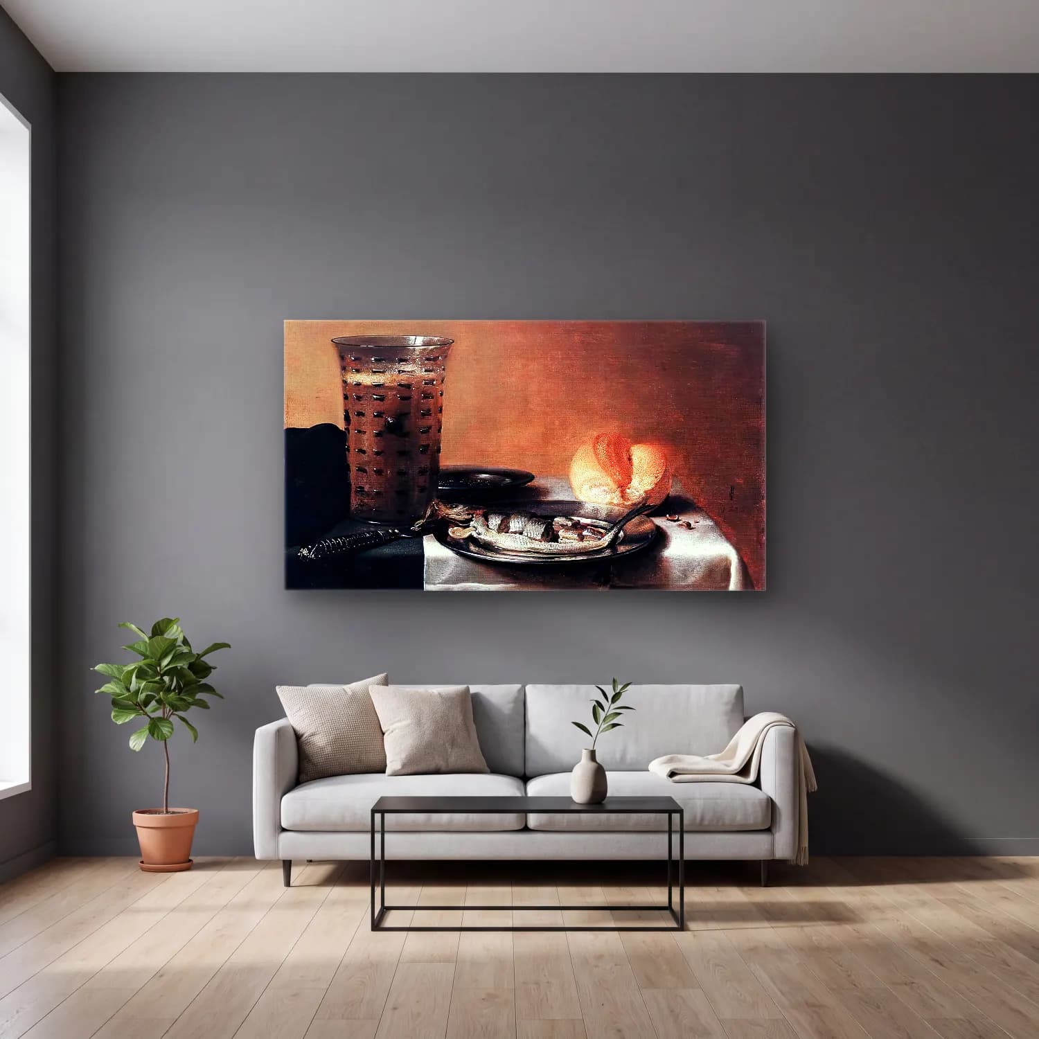 Pieter Claesz – Still-life with Herring cam tablo — gri duvarlı salonda