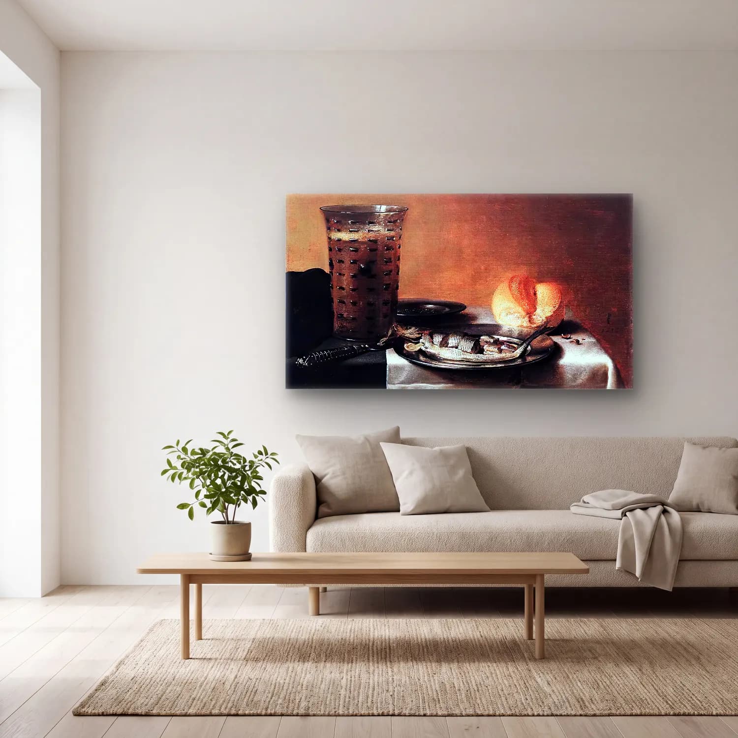 Pieter Claesz – Still-life with Herring cam tablo — açık renk salonda