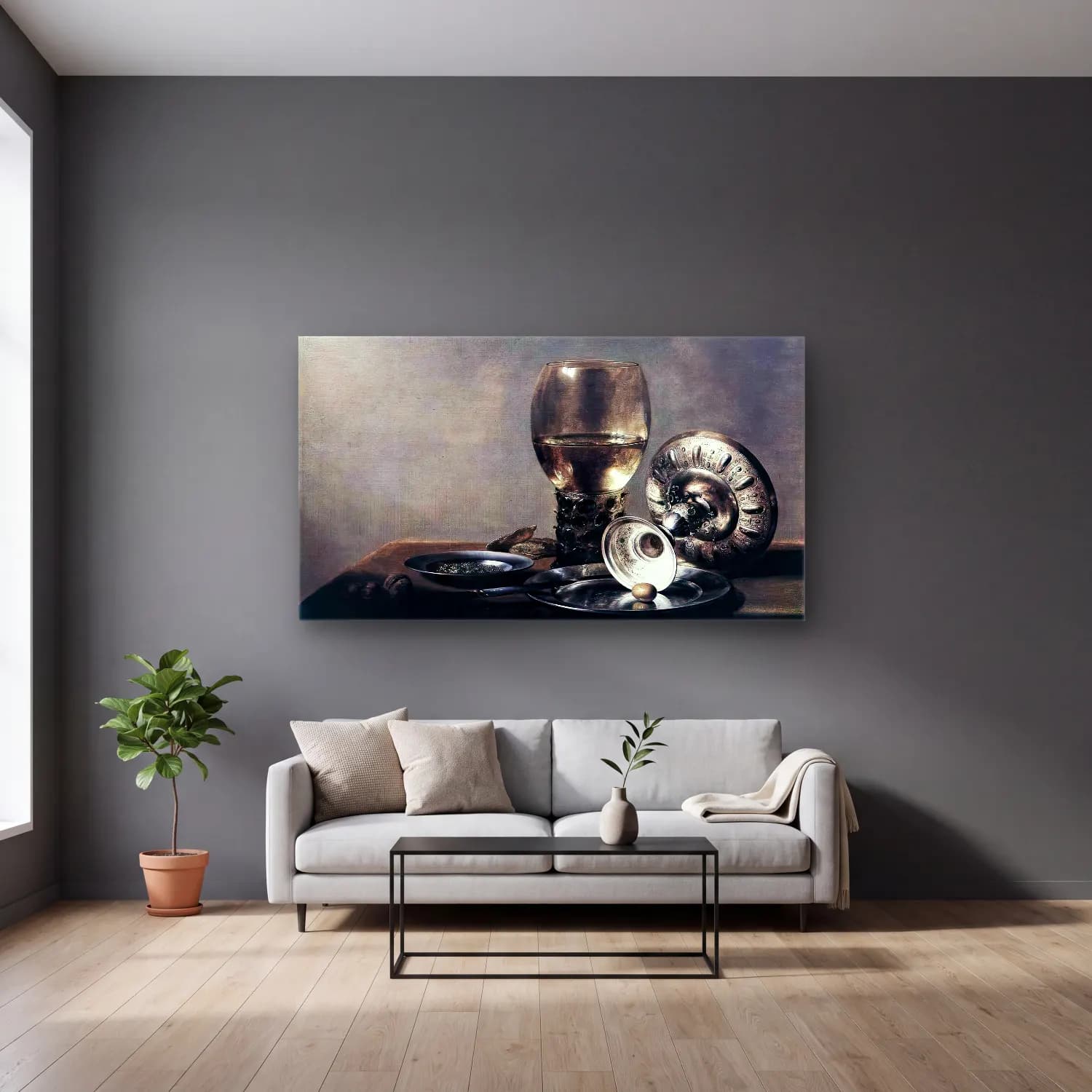 Pieter Claesz – Still-life with Wine Glass and Silver Bowl cam tablo — gri duvarlı salonda