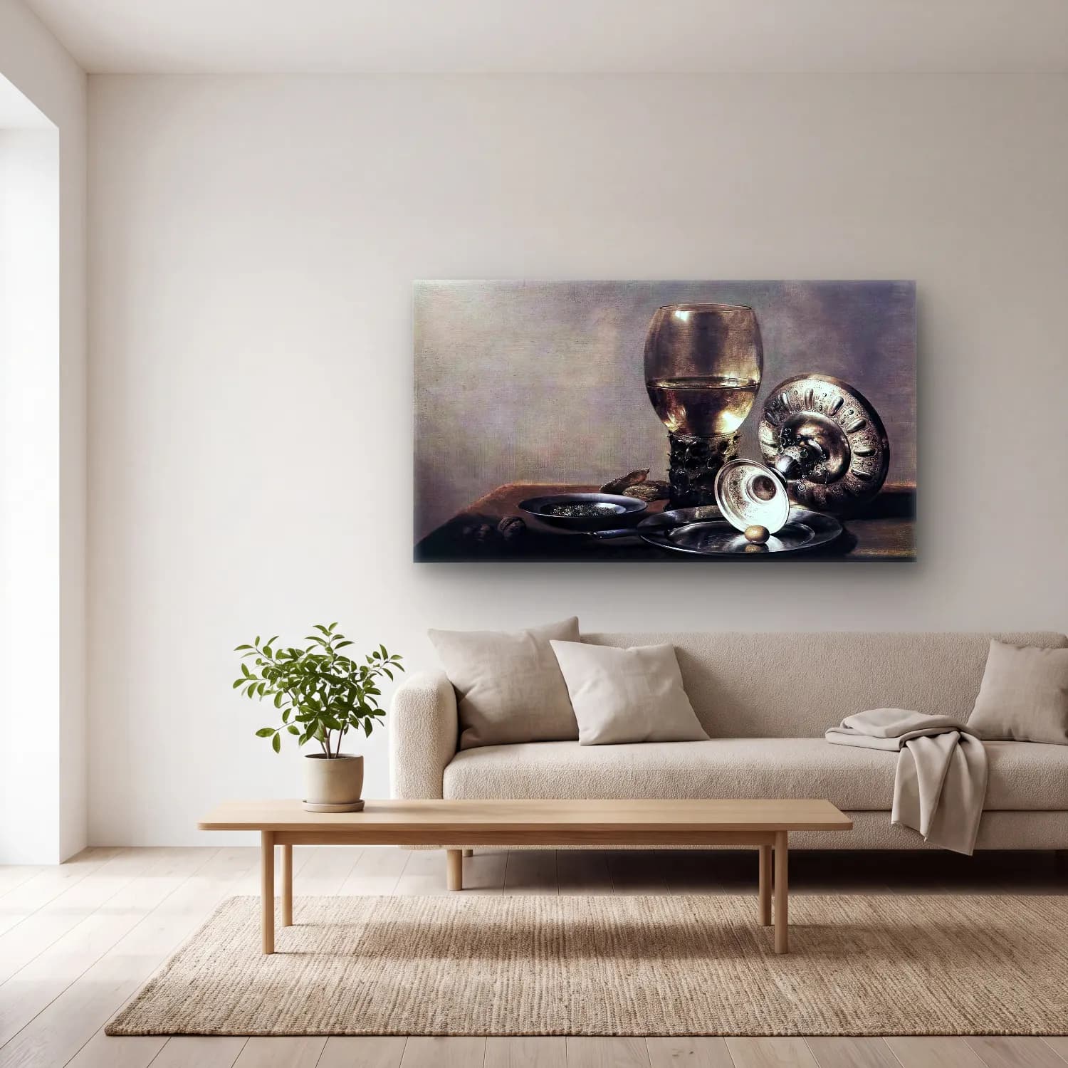 Pieter Claesz – Still-life with Wine Glass and Silver Bowl cam tablo — açık renk salonda