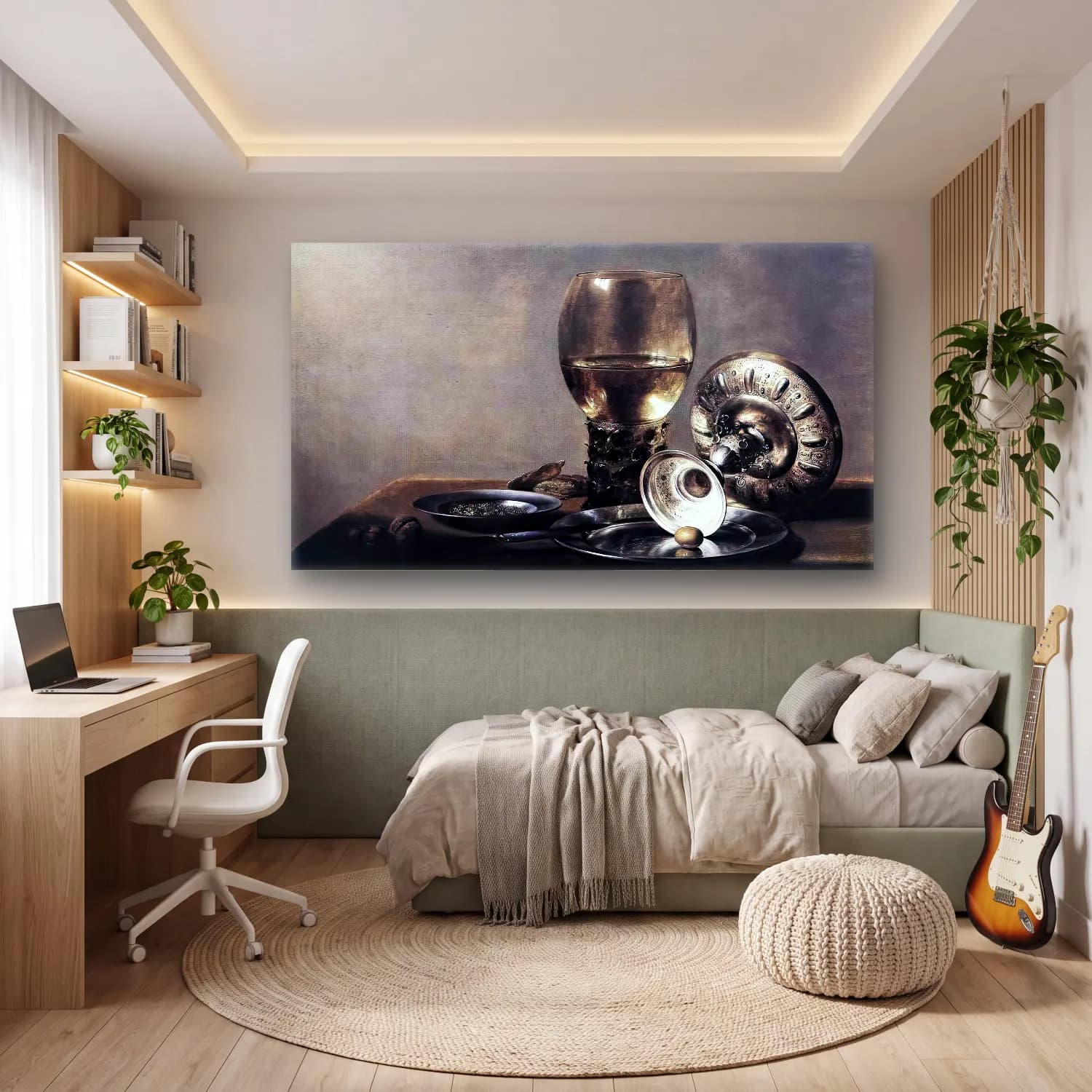 Pieter Claesz – Still-life with Wine Glass and Silver Bowl cam tablo — genç odasında