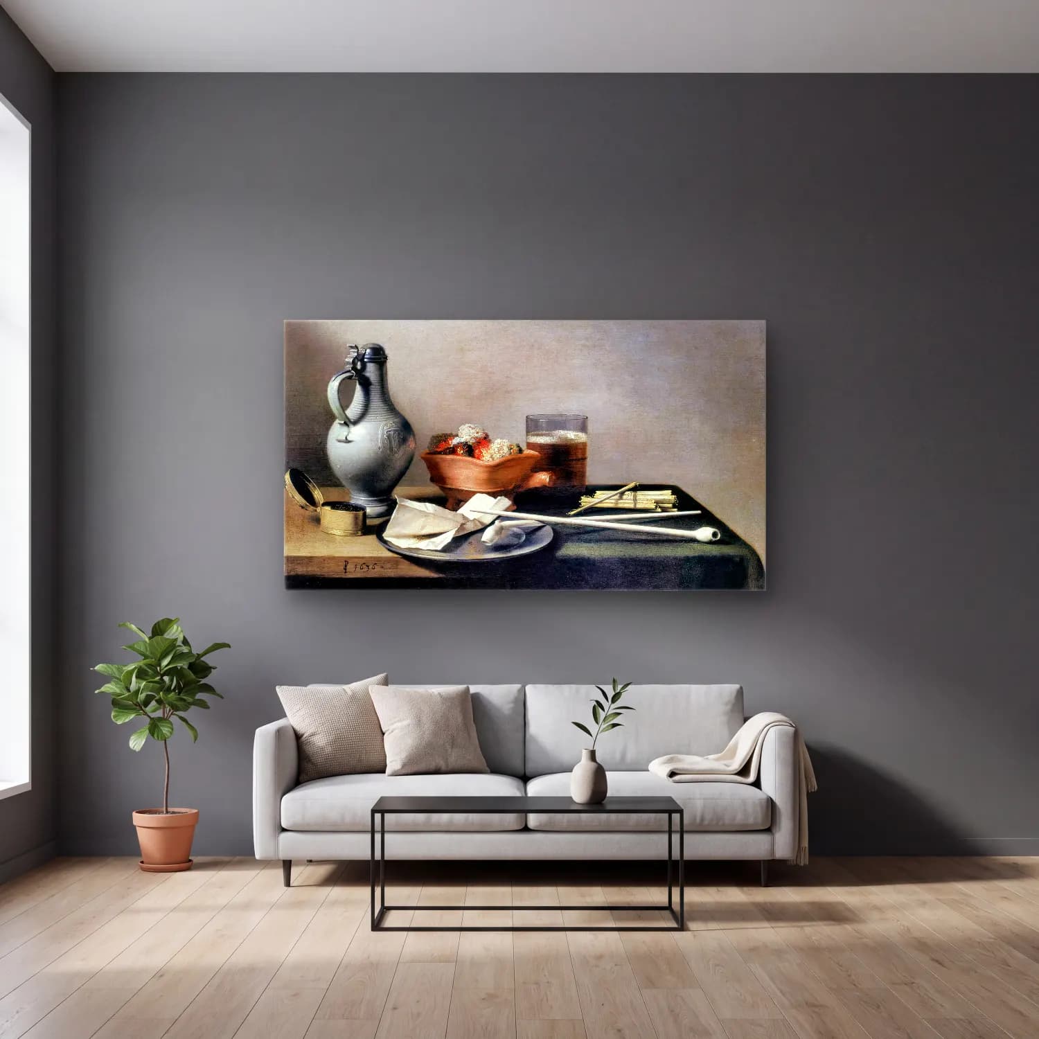 Pieter Claesz – Tobacco Pipes and a Brazier cam tablo — gri duvarlı salonda