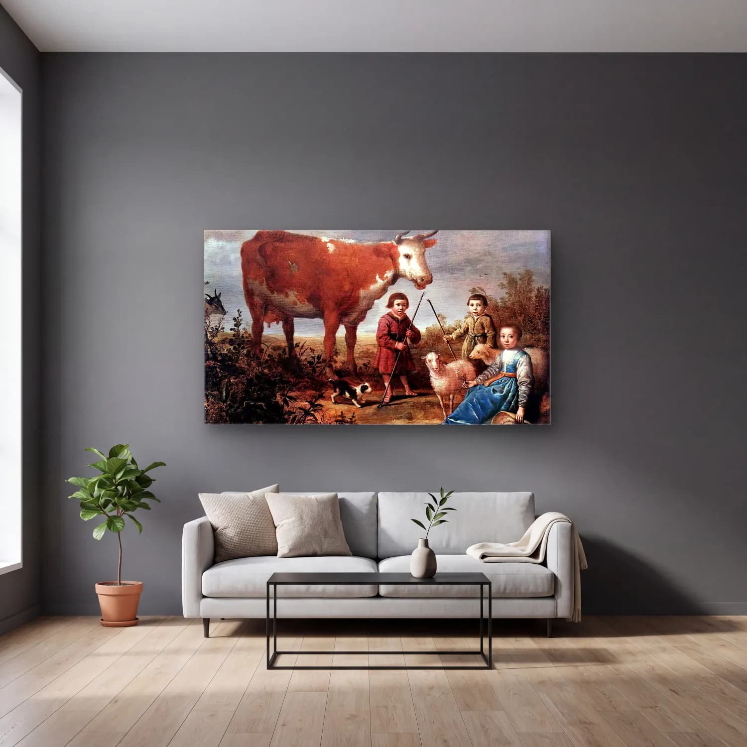 Aelbert Cuyp – Children and a Cow – Bej Tonlar cam tablo — gri duvarlı salonda