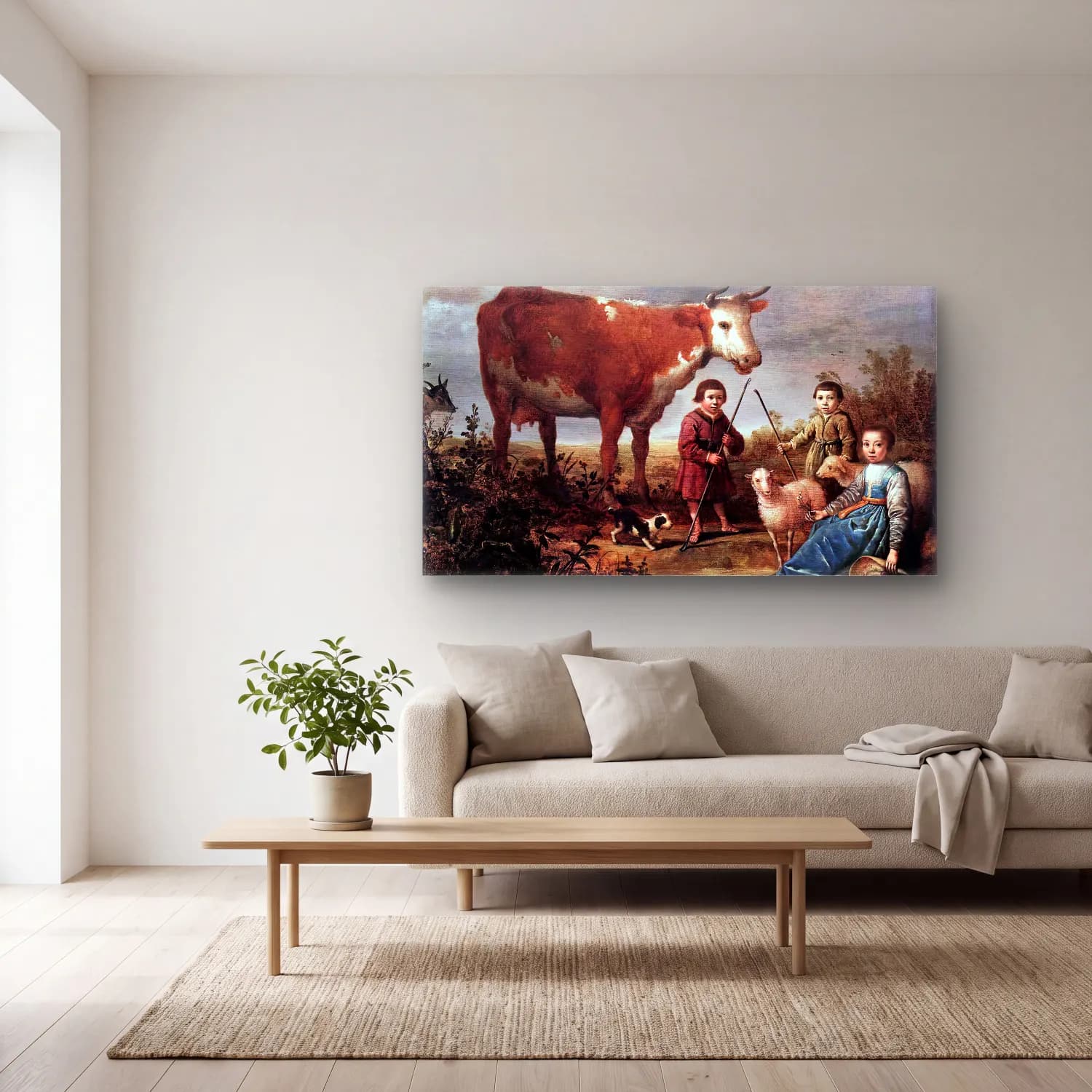 Aelbert Cuyp – Children and a Cow – Bej Tonlar cam tablo — açık renk salonda