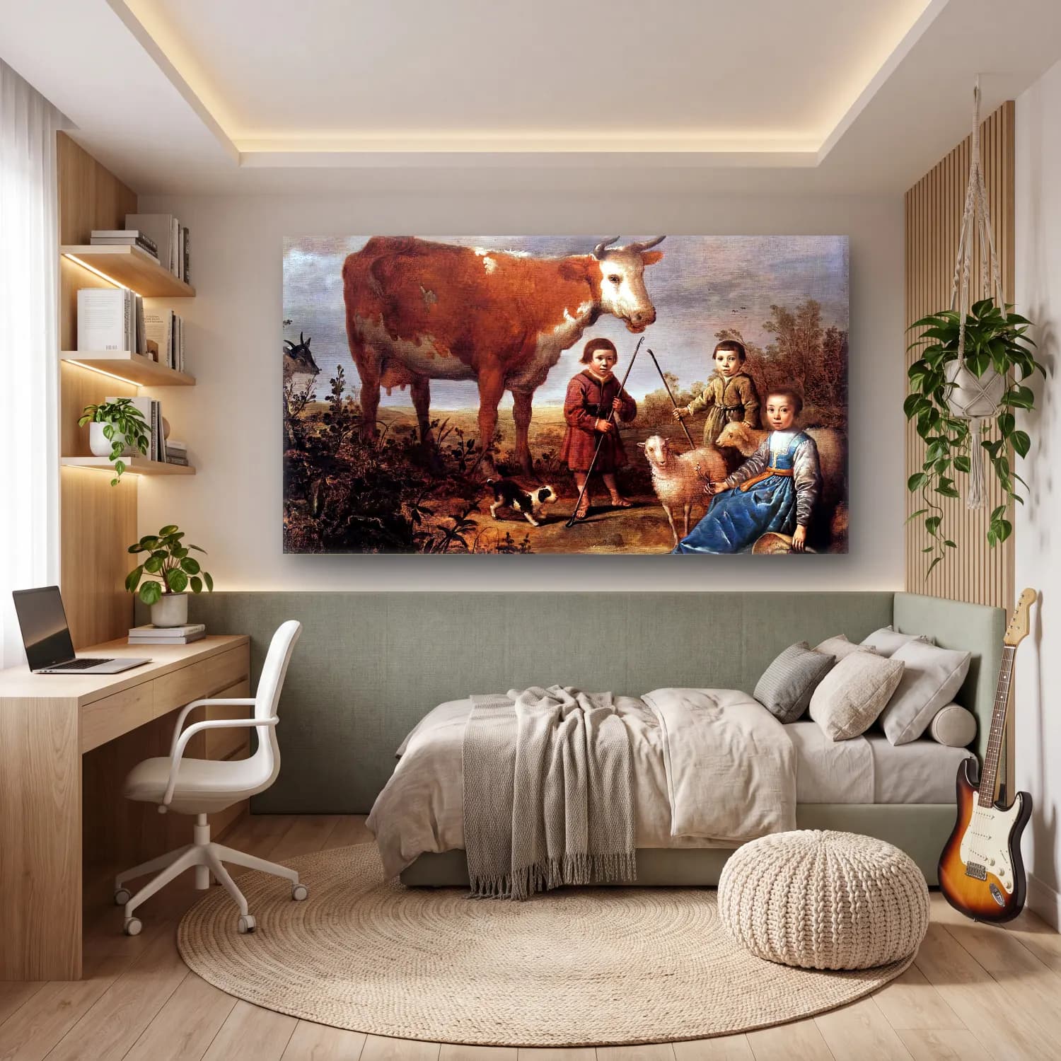 Aelbert Cuyp – Children and a Cow – Bej Tonlar cam tablo — genç odasında