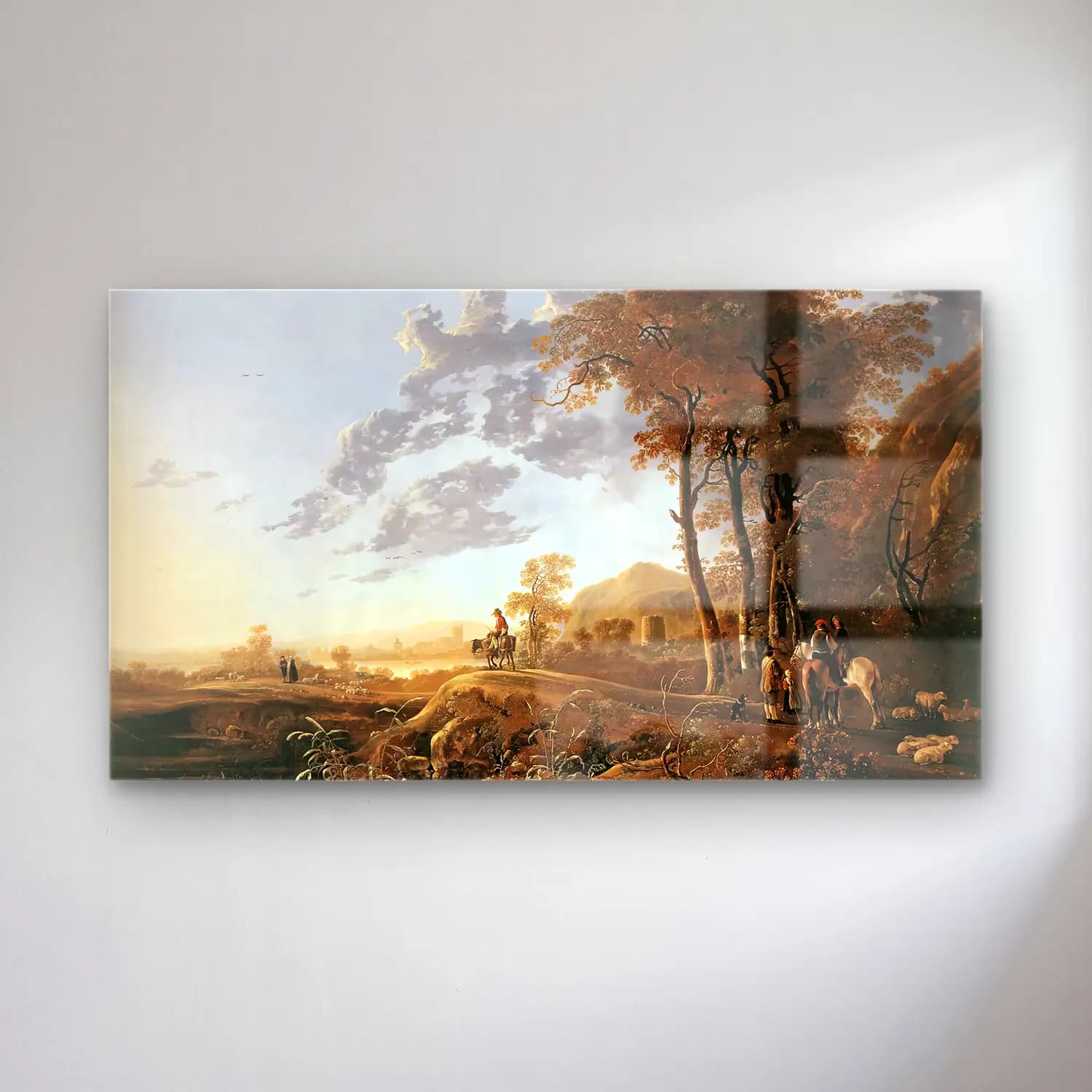 Aelbert Cuyp – Evening Landscape with Horsemen and Shepherds cam tablo — Aelbert Cuyp – Evening Landscape with Horsemen and Shepherds — yağlı boya dağ manzarası