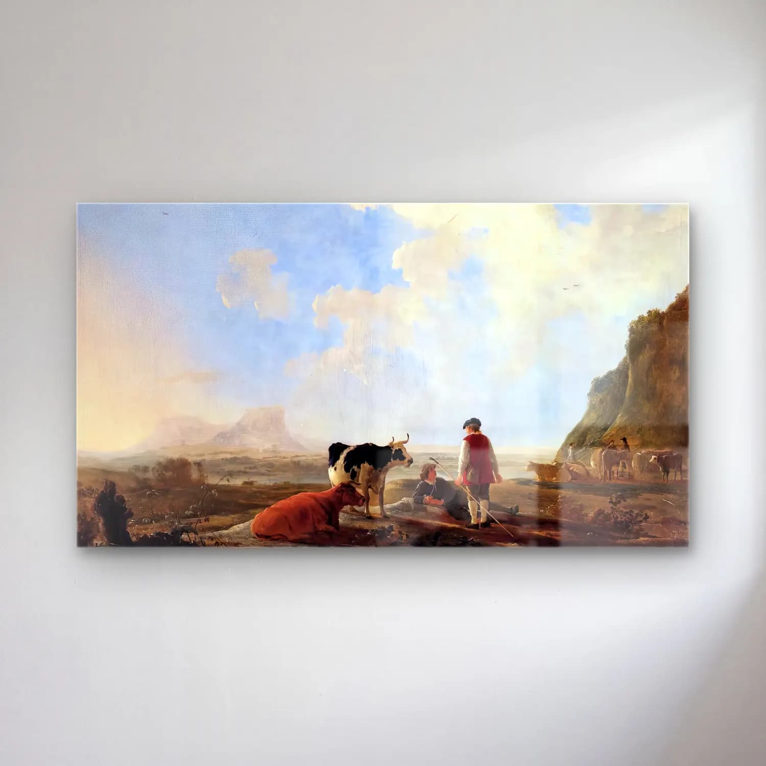 Aelbert Cuyp – Herdsmen with Cows – Bej Tonlar cam tablo — Aelbert Cuyp – Herdsmen with Cows – Bej Tonlar — yağlı boya dağ manzarası