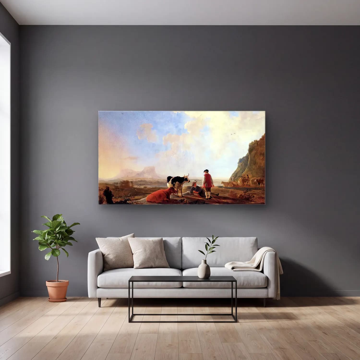 Aelbert Cuyp – Herdsmen with Cows – Bej Tonlar cam tablo — gri duvarlı salonda