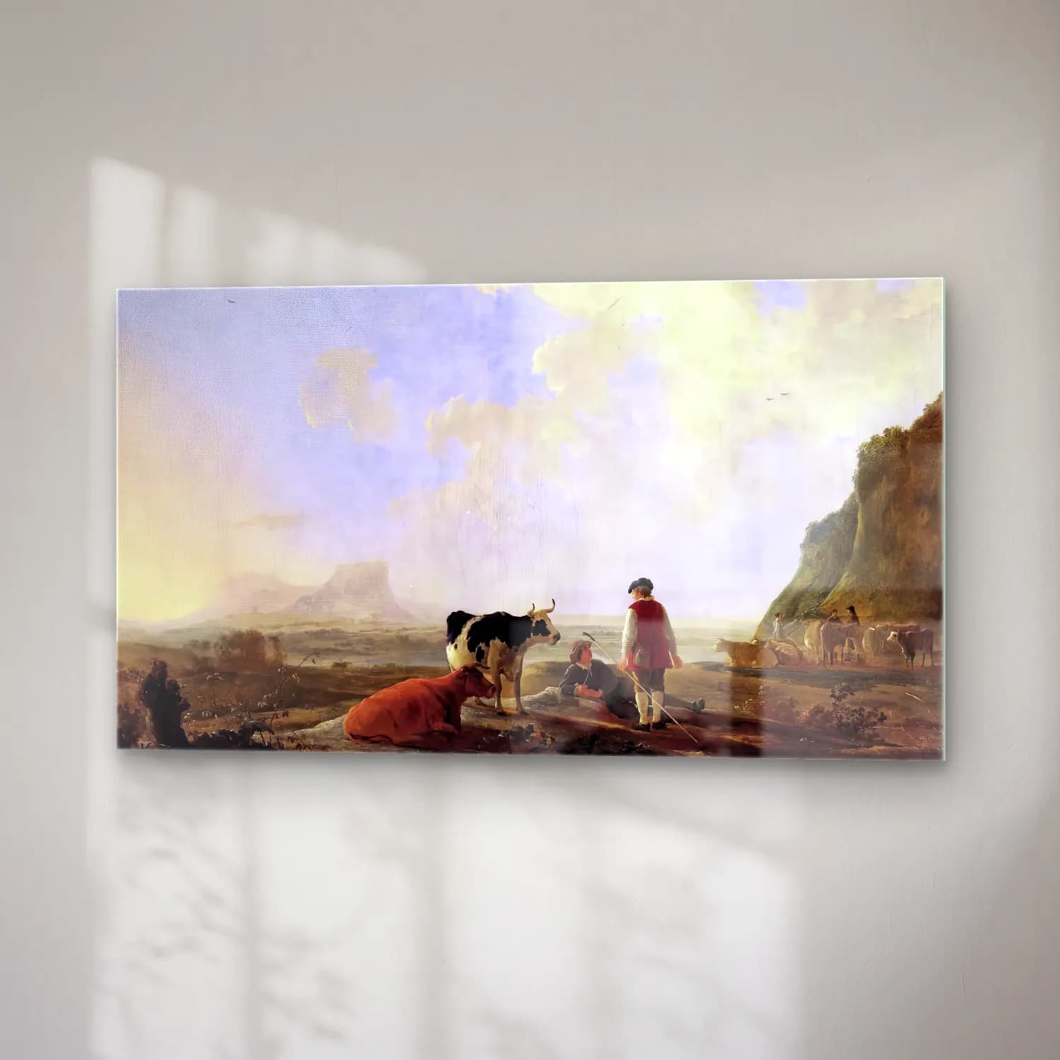 Aelbert Cuyp – Herdsmen with Cows – Bej Tonlar cam tablo — sağ açıdan görünüm