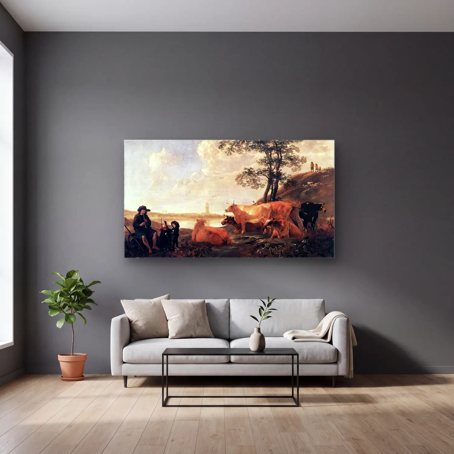 Aelbert Cuyp – Landscape near Rhenen cam tablo — gri duvarlı salonda