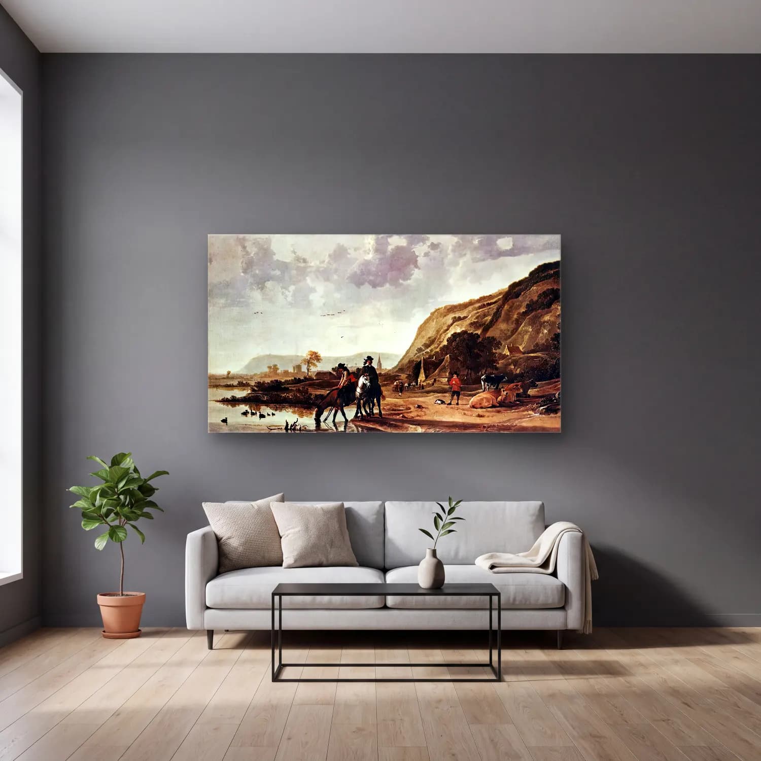 Aelbert Cuyp – Large River Landscape with Horsemen cam tablo — gri duvarlı salonda