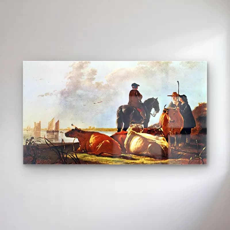 Aelbert Cuyp – Peasants with Four Cows by the River cam tablo — Aelbert Cuyp – Peasants with Four Cows by the River — vintage atlı