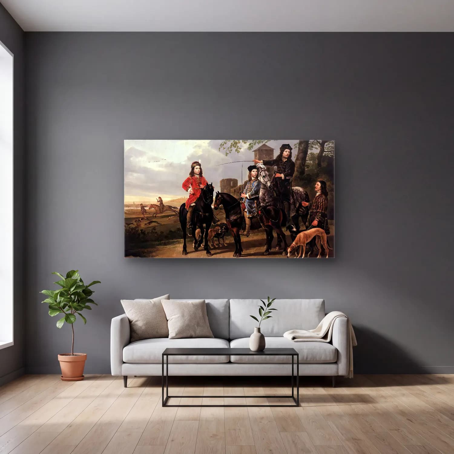 Aelbert Cuyp – Starting for the Hunt cam tablo — gri duvarlı salonda