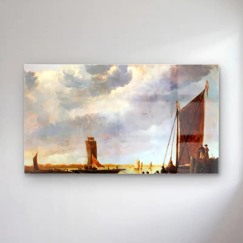 Aelbert Cuyp – The Ferry Boat – Bej Tonlar cam tablo — Aelbert Cuyp – The Ferry Boat – Bej Tonlar — yağlı boya liman ve tekneler