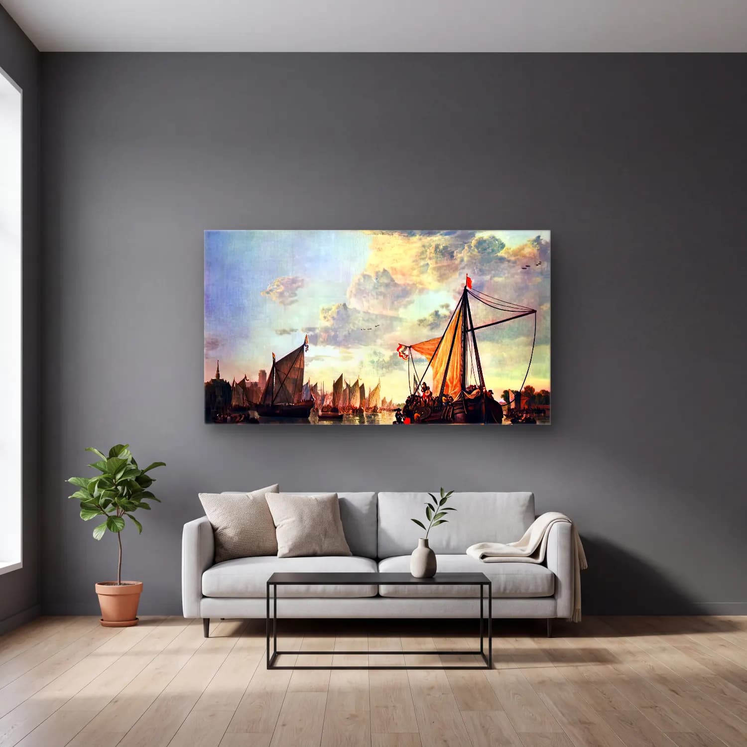 Aelbert Cuyp – The Maas at Dordrecht cam tablo — gri duvarlı salonda