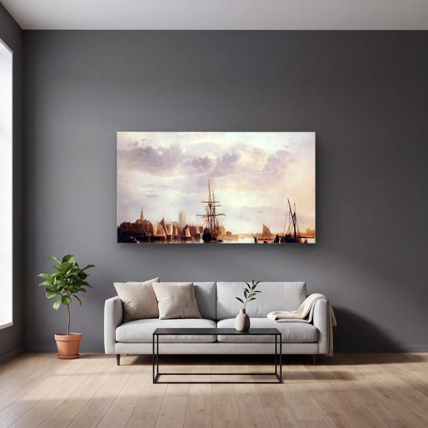 Aelbert Cuyp – View of Dordrecht cam tablo — gri duvarlı salonda