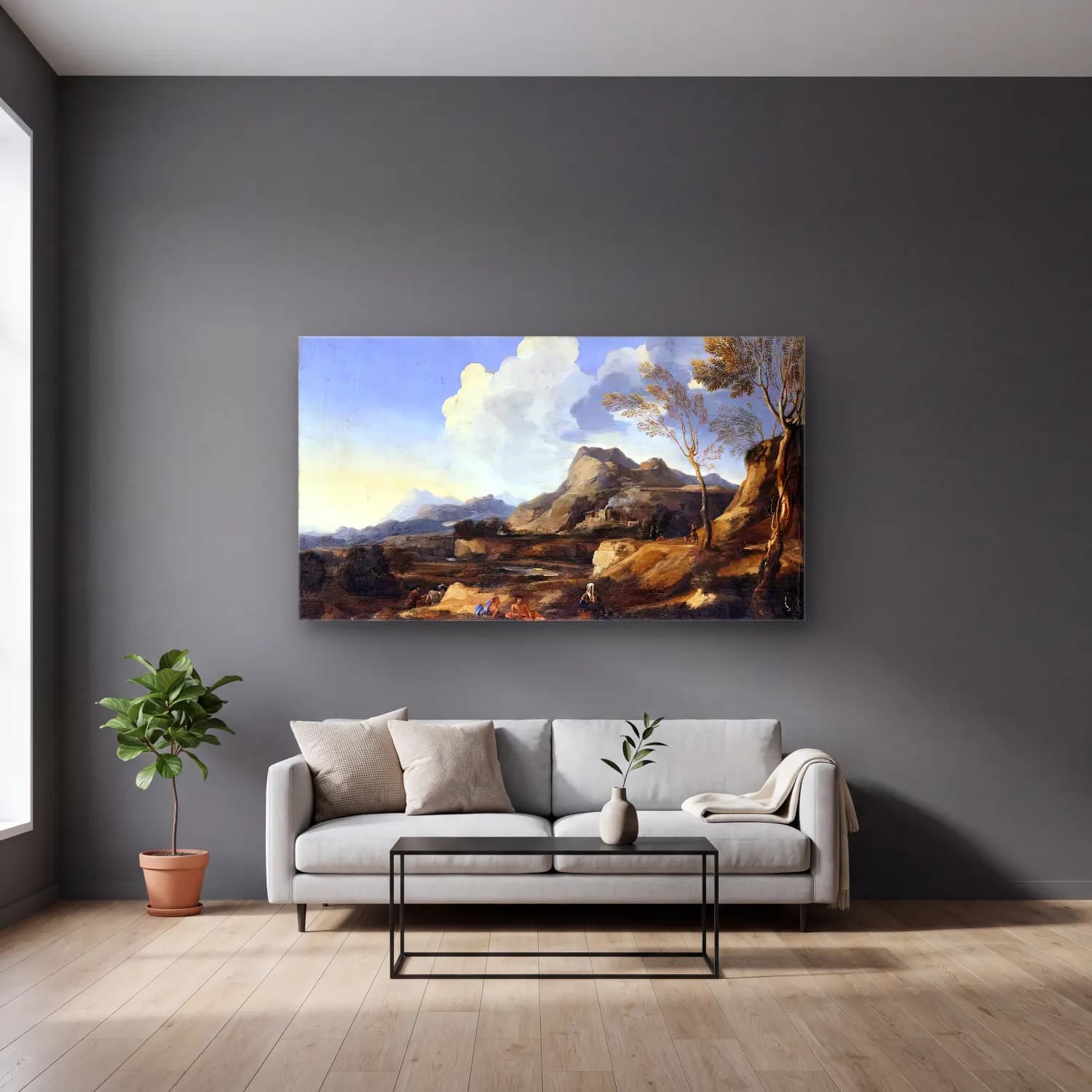 Gaspard Dughet – Italianate Landscape cam tablo — gri duvarlı salonda