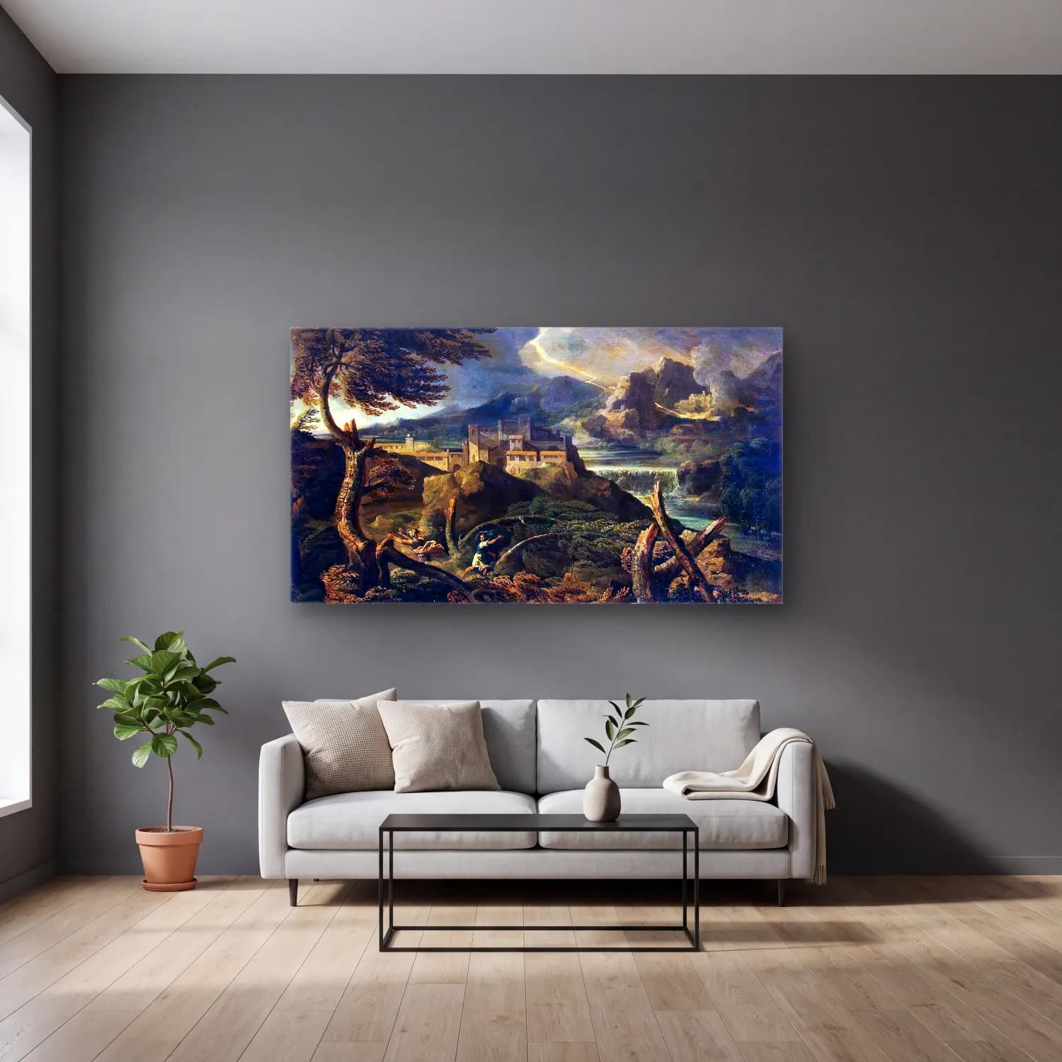 Gaspard Dughet – Landscape with Lightning cam tablo — gri duvarlı salonda