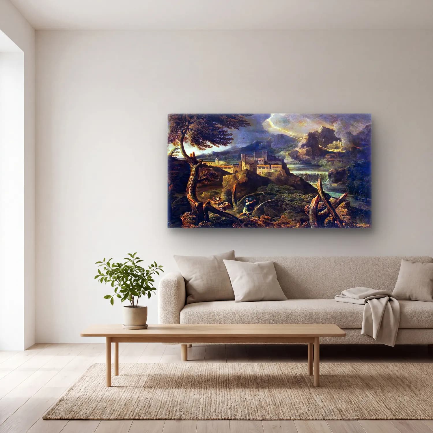 Gaspard Dughet – Landscape with Lightning cam tablo — açık renk salonda