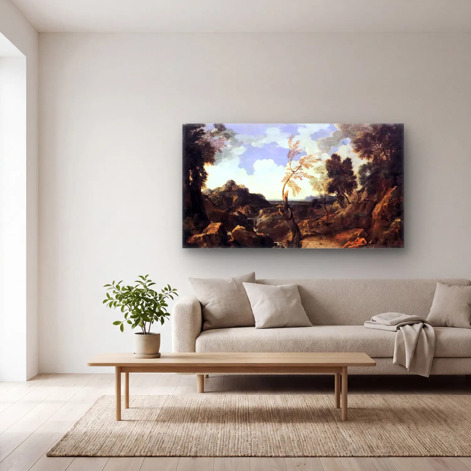 Gaspard Dughet – Landscape with St Jerome and the Lion cam tablo — açık renk salonda