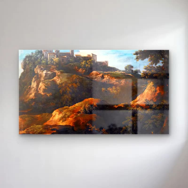 Gaspard Dughet – Rocky Roman Landscape with a Hilltop Town cam tablo — Gaspard Dughet – Rocky Roman Landscape with a Hilltop Town — yağlı boya antik kalıntılar