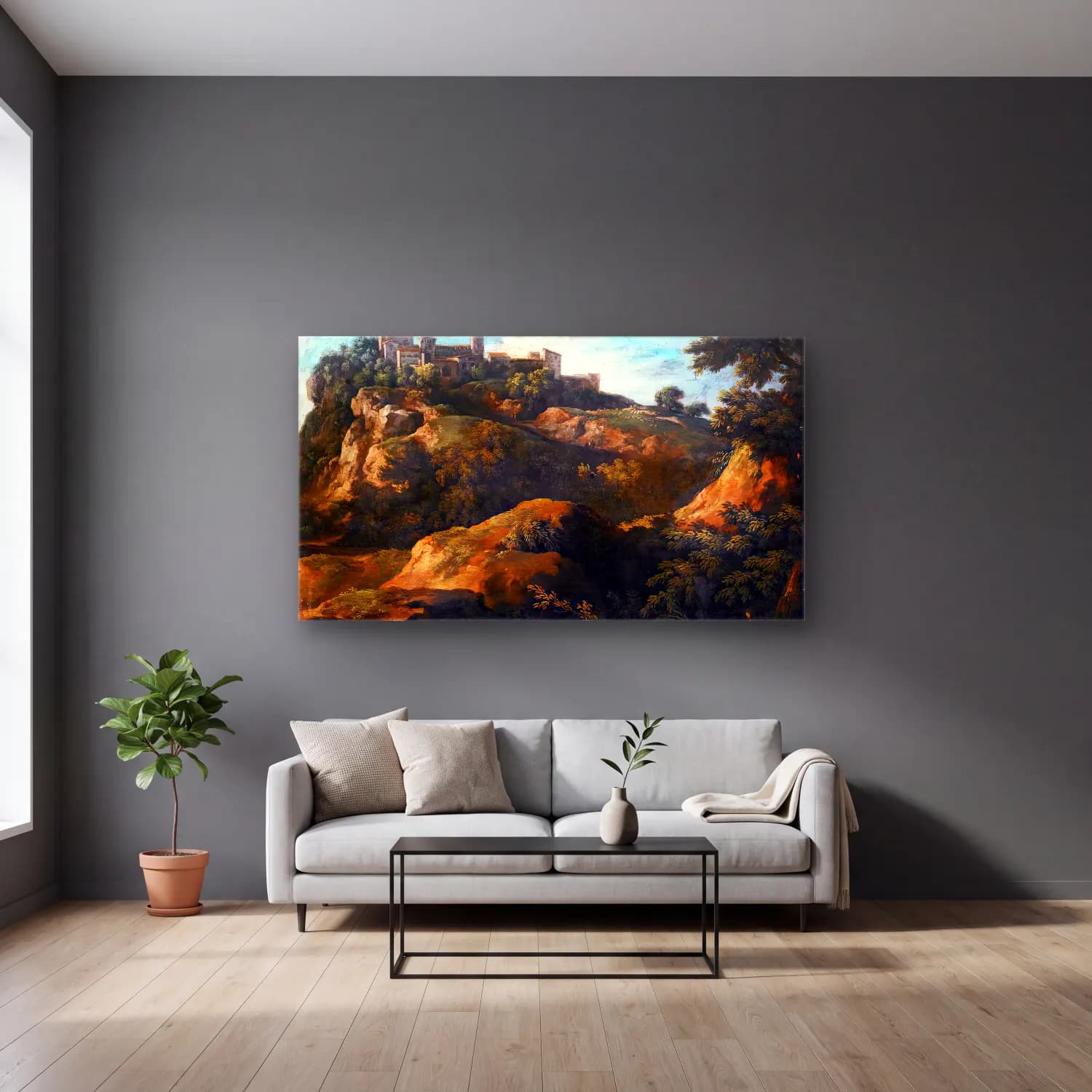 Gaspard Dughet – Rocky Roman Landscape with a Hilltop Town cam tablo — gri duvarlı salonda