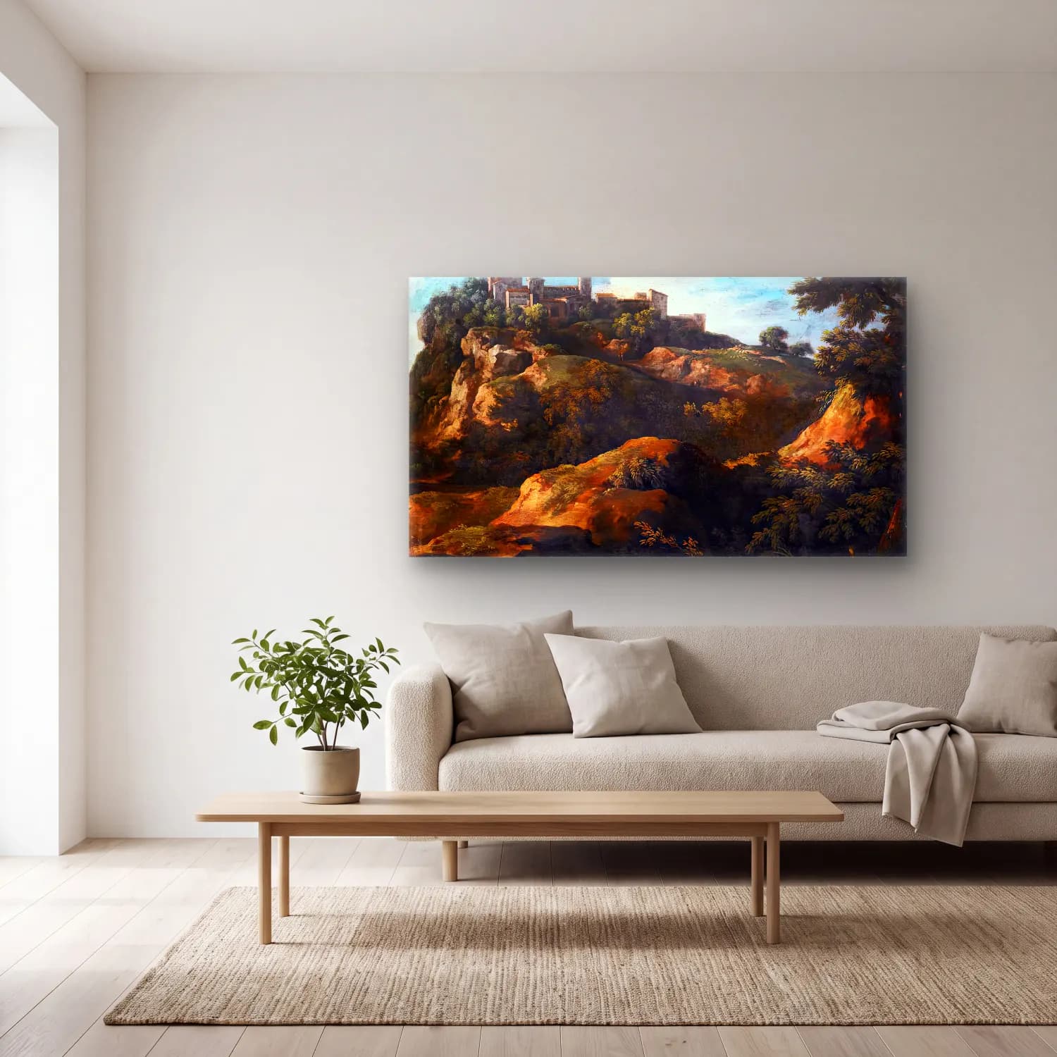 Gaspard Dughet – Rocky Roman Landscape with a Hilltop Town cam tablo — açık renk salonda